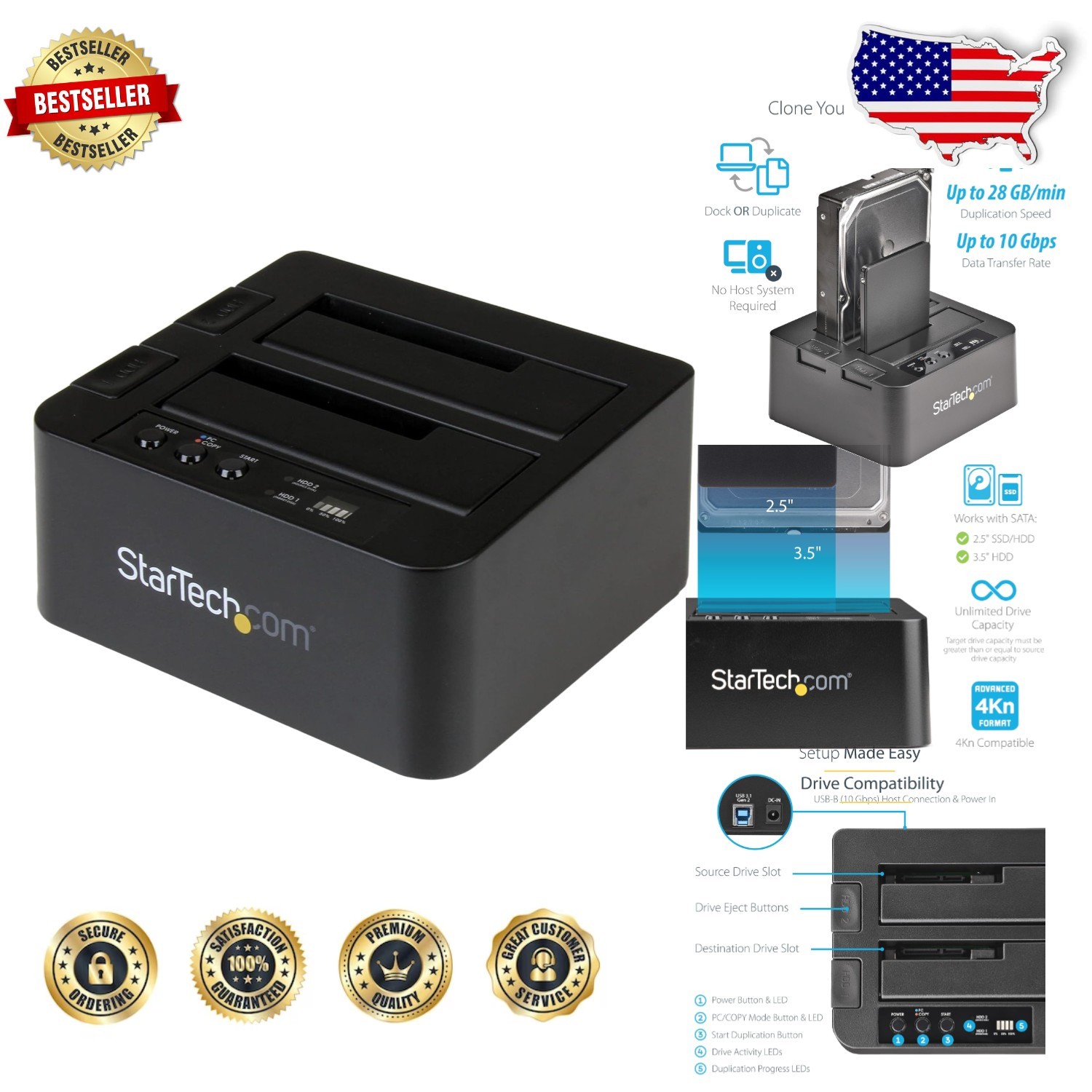 StarTech Dual Bay SATA Duplicator Dock | Standalone 28GB/min Cloner | USB 3.2...