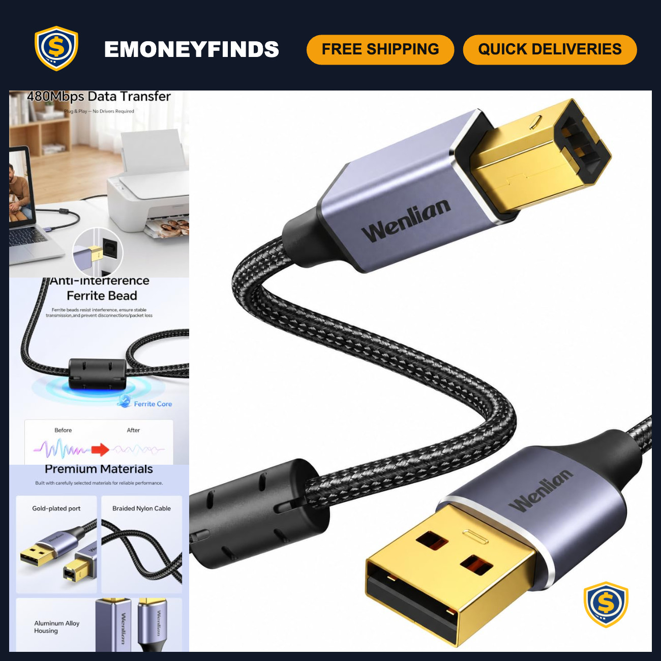 3.3ft USB 2.0 Printer Cable A to B, Gold-Plated, Nylon Braided, Ferrite Bead, Co