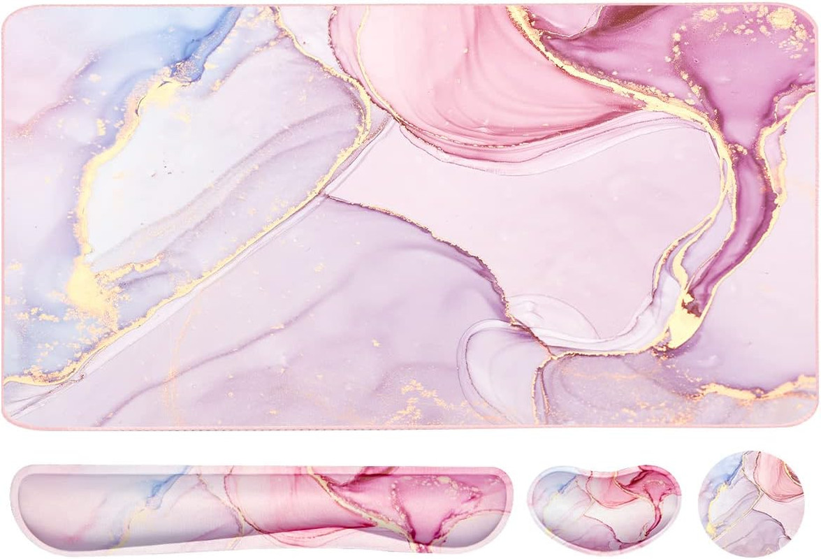 Pink Marble Keyboard Mouse Pad Set with Wrist Support - 3pcs Ergonomic Design