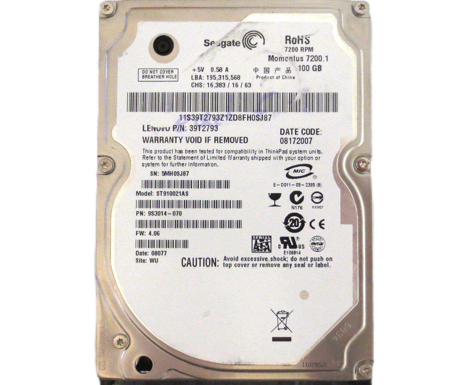 Seagate ST910021AS 9S3014-070 4.06 WU (5MH) China 100gb Sata HDD 08/2007