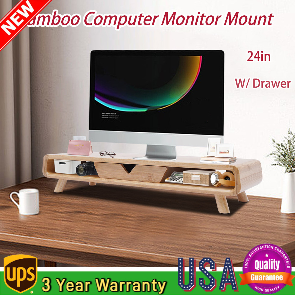 Wooden Bamboo Monitor Stand Desktop Laptop Desk 24*7.9*4.5Inch With Drawer