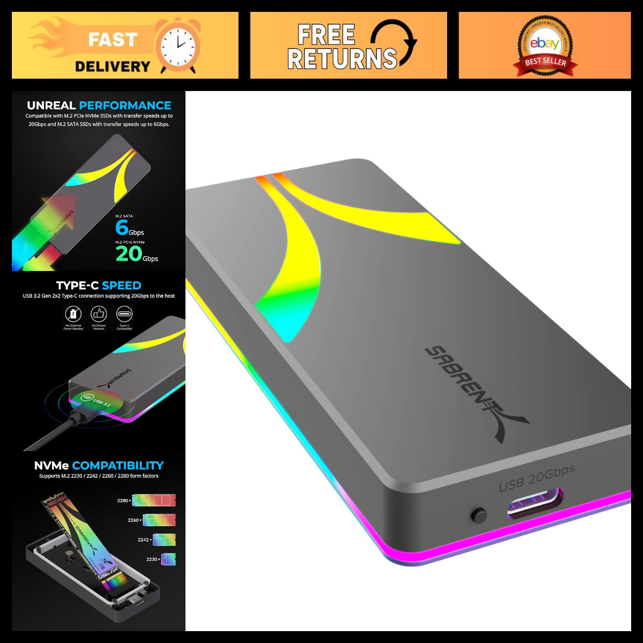 RGB USB4 NVMe & SATA M.2 SSD Enclosure - 20Gbps High-Speed Data Transfer
