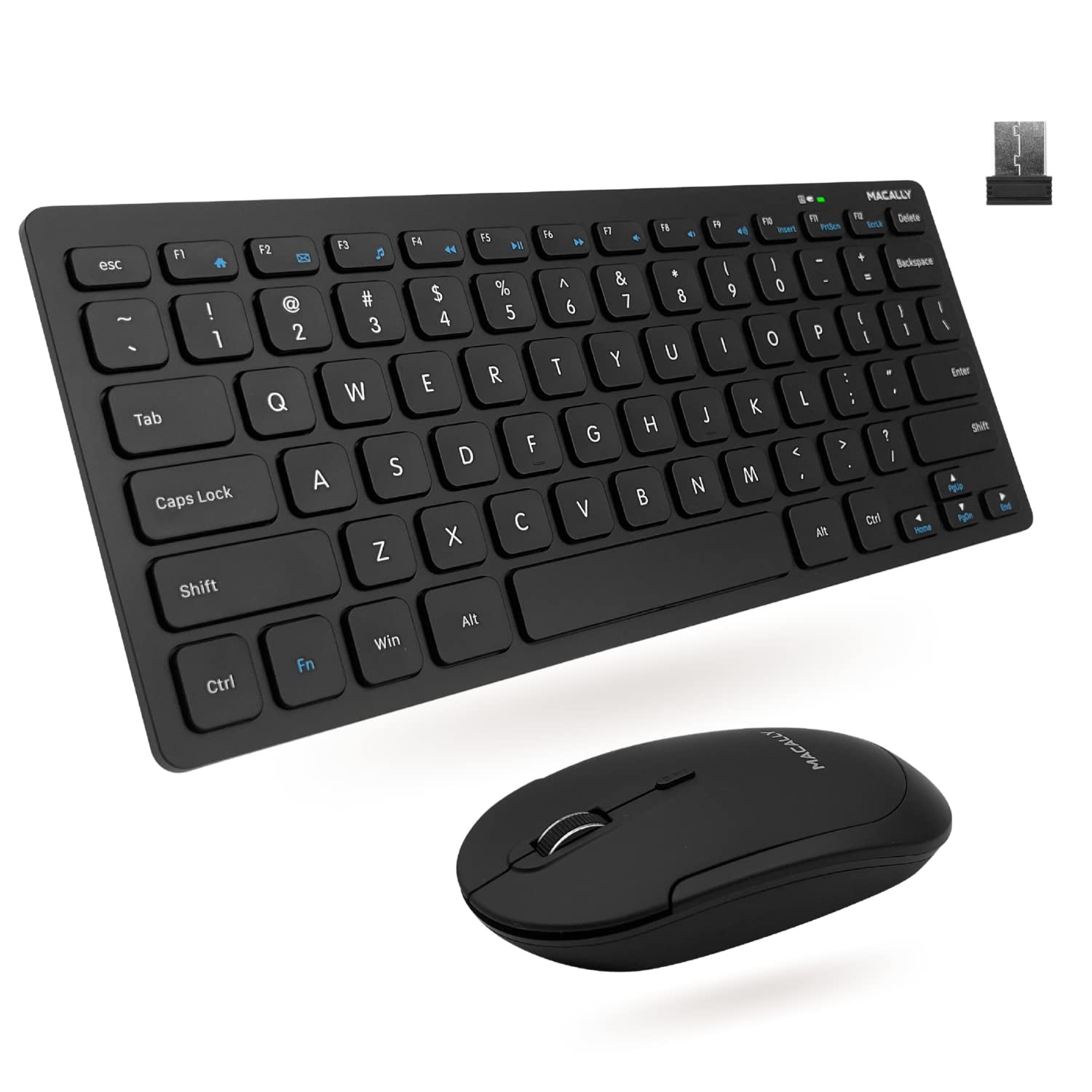 Macally Small Wireless Keyboard and Mouse Combo - Quiet Compact Combo, Black