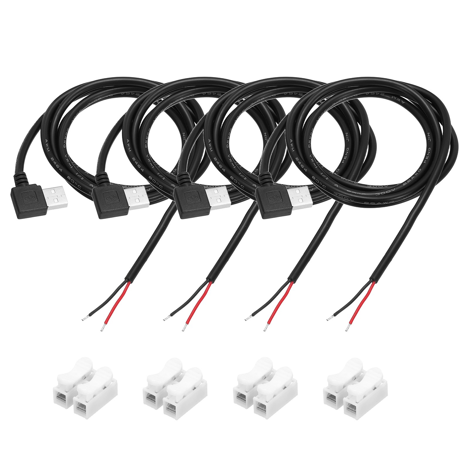 4Pcs USB Plug Pigtail, 1M/3.2FT Male Elbow 22 AWG 5V 3A Wire Connector, Black