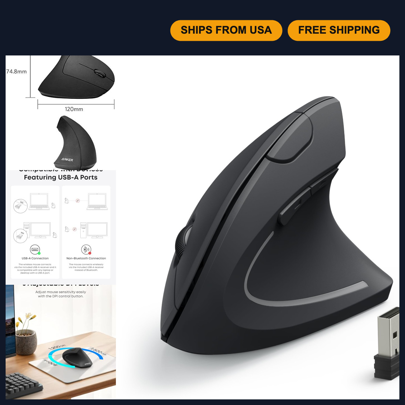 Wireless Ergonomic Vertical Mouse - 2.4G Right-Handed USB Receiver, Comfortable