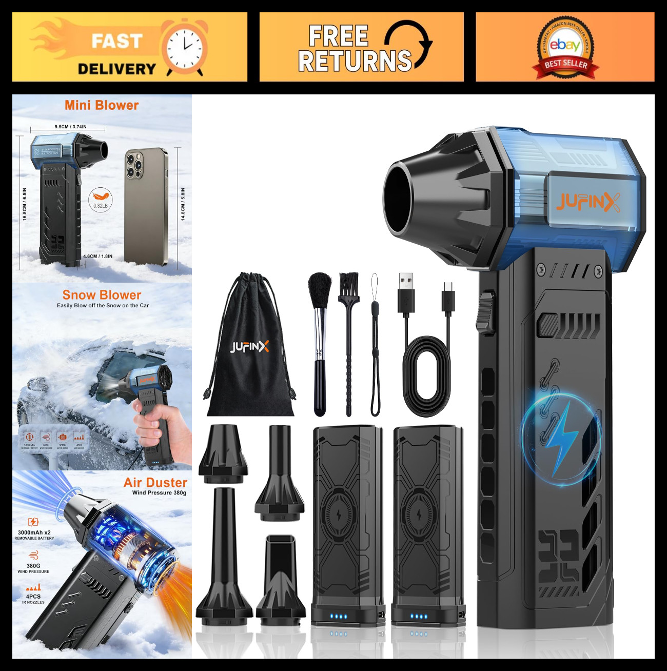 High-Power Air Duster 250000RPM - Mini Blower with 2 Replaceable Batteries, 3-Ge