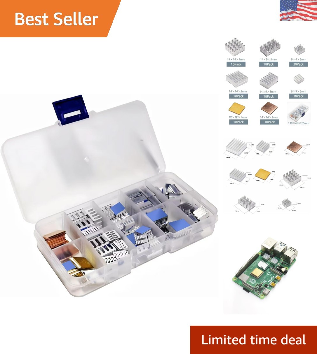 100 PCS Heatsink Kit - 8 Sizes for Raspberry Pi & Electronics with Adhesive Tape