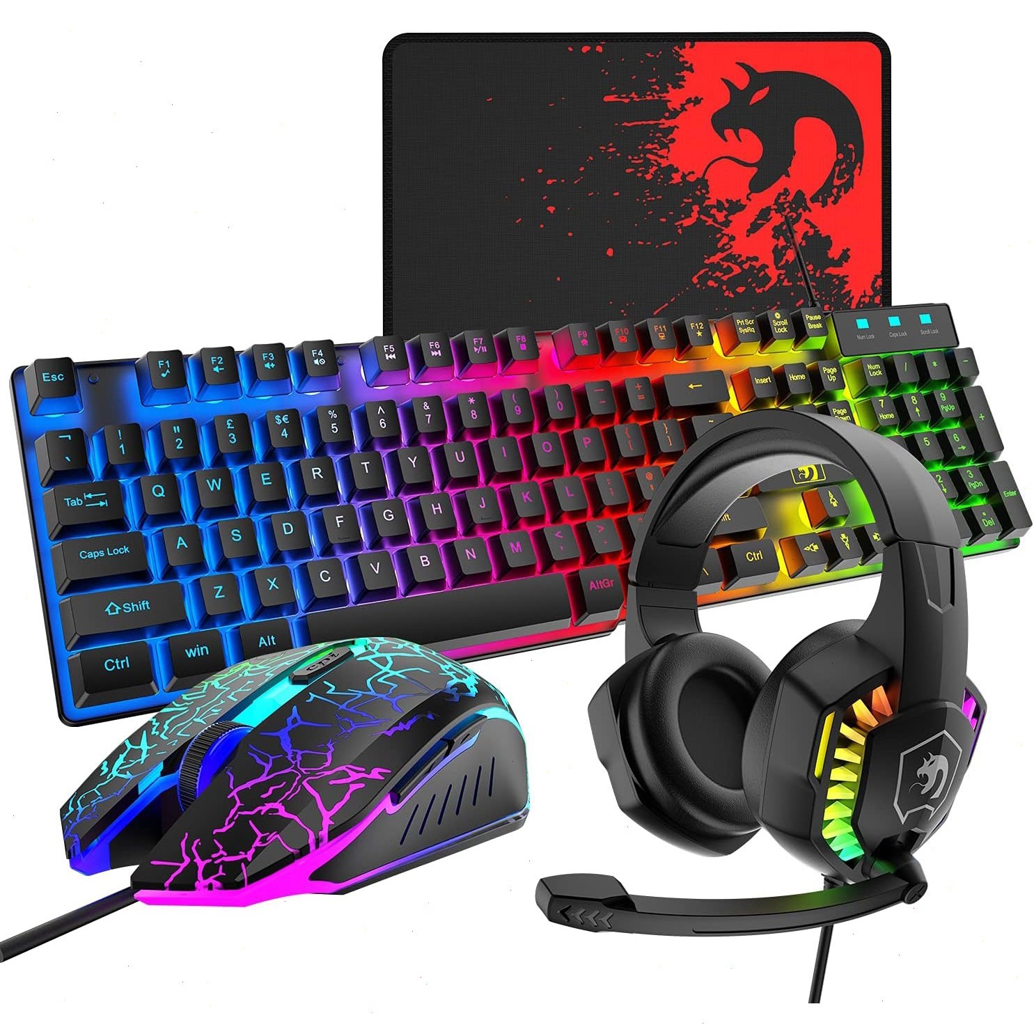 ZIYOULANG T11Wired Rainbow LED Backlit Keyboard Mouse OverEar Headphone Mice Pad