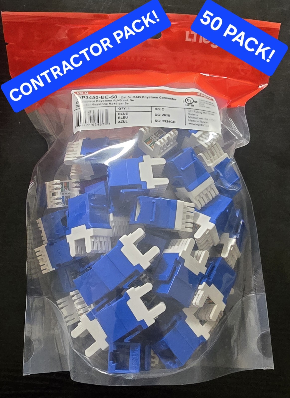 **BRAND NEW** Legrand WP3450-BE-50 Cat 5e Rj45 Keystone Connector, White 50-Pack