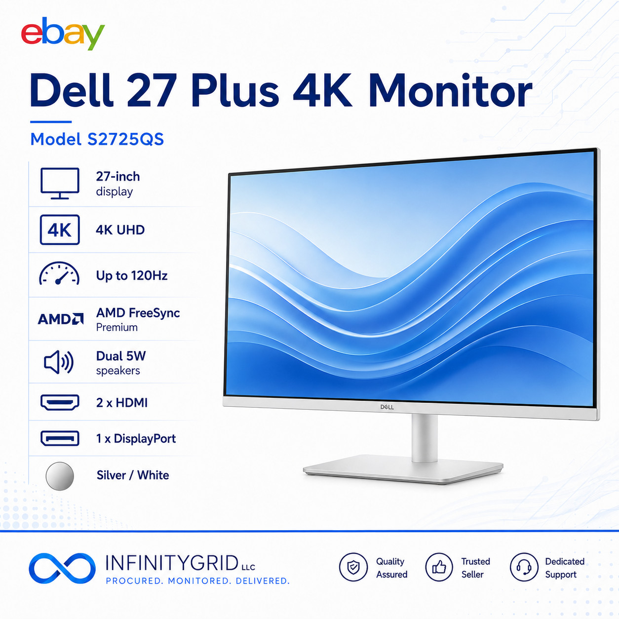 NEW Dell 27 Plus S2725QS 27" 4K UHD 120Hz Monitor HDMI DP Speakers FreeSync