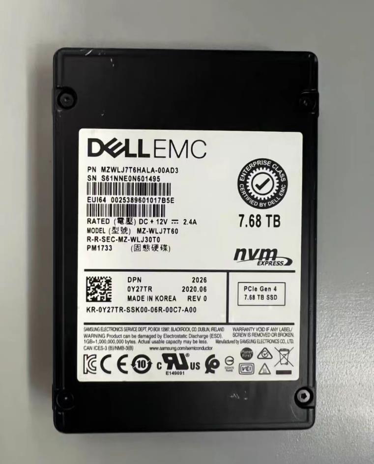 Samsung DELL PM1733 7.68TB SSD U.2 NVME PCIE MZ-WLJ7T60 MZWLJ7T6HALA-00AD3
