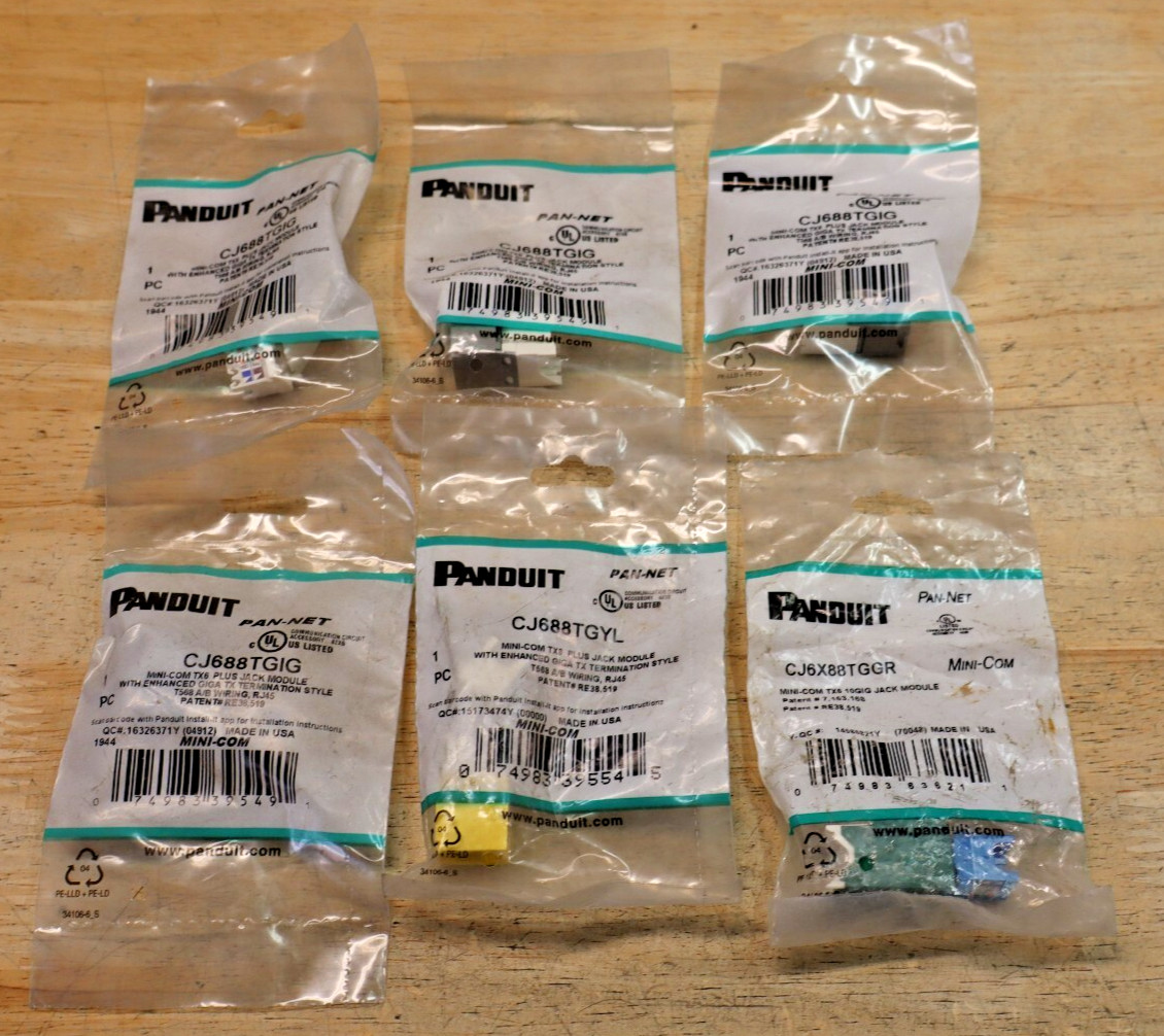 Lot Of 6 GENIUNE Panduit CJ688TGIG Cat6 Mini-Com Jack Module Gray Yellow Green