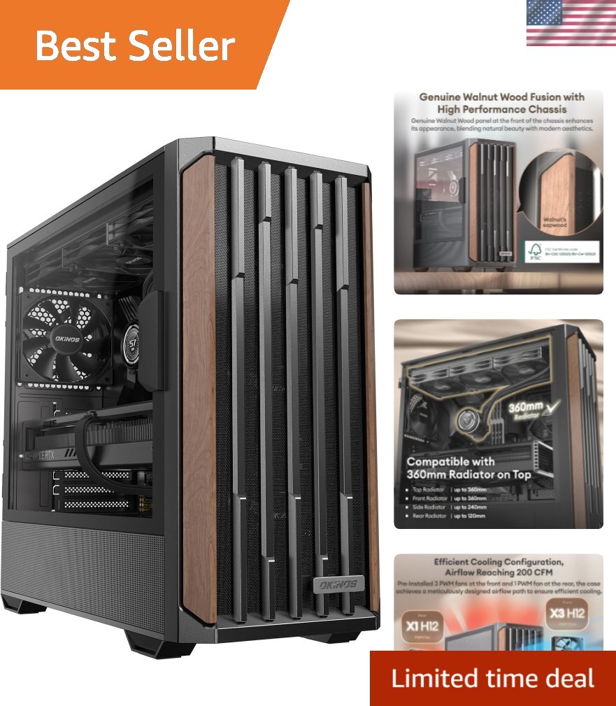 Genuine Walnut Wood PC Case, Support 360mm Radiator on Top, Pre-Installed 4 x...