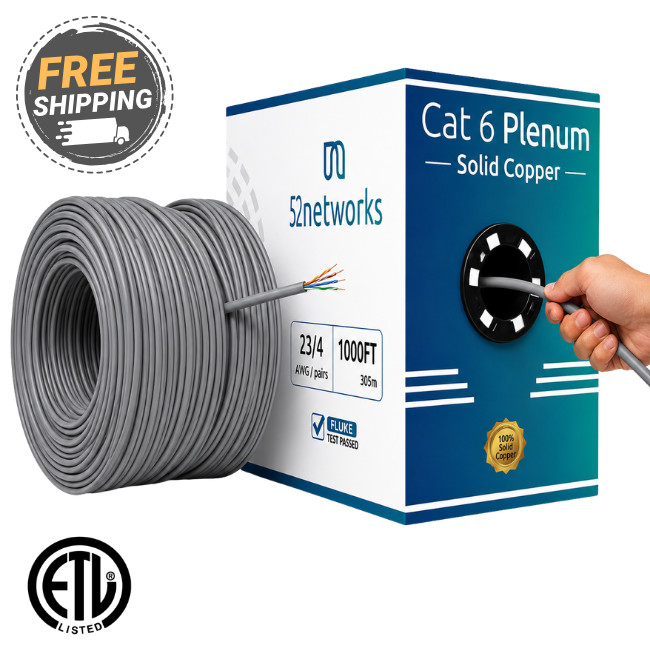 52Networks 1000FT Cat6 Plenum Solid Copper UTP Gray Cable - ETL Listed