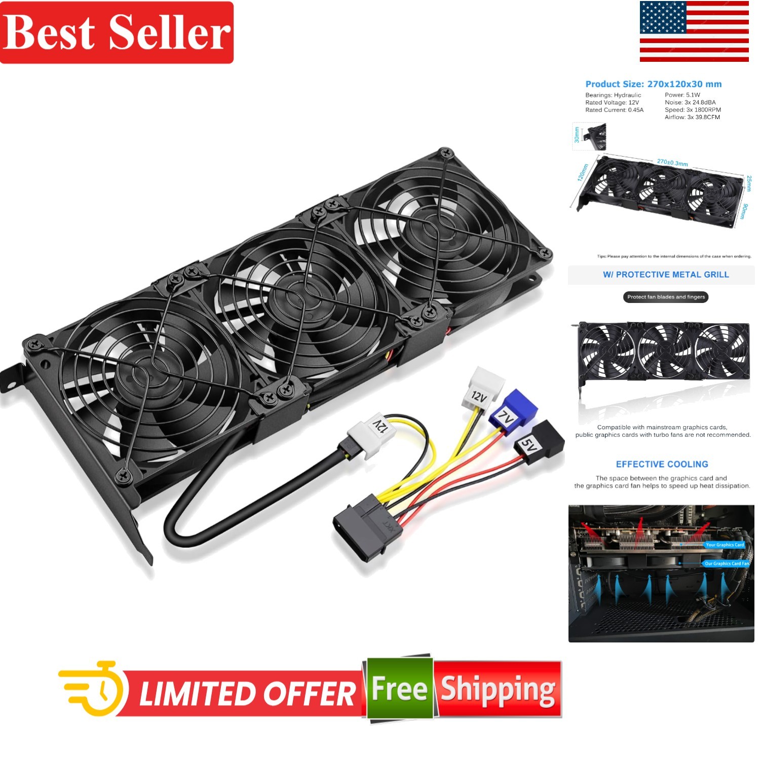 Graphic Card Fans 3x 92mm GPU Cooler 12V 1800 RPM 28dB