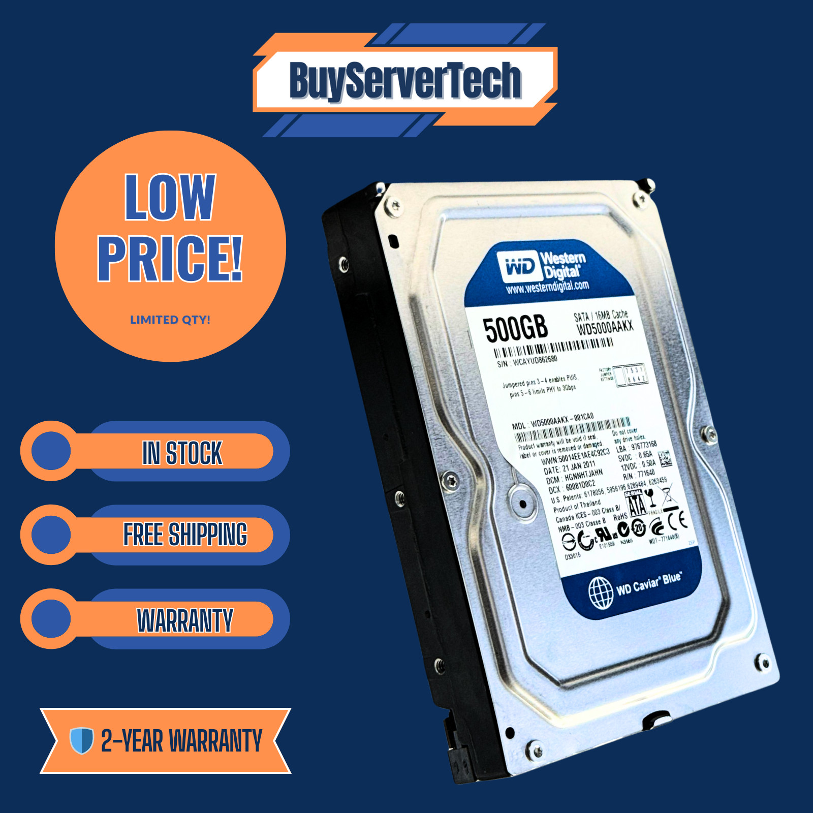 WD5000AAKX 500GB 7200RPM 3.5" SATA 6Gbps HDD | WD Caviar Blue |