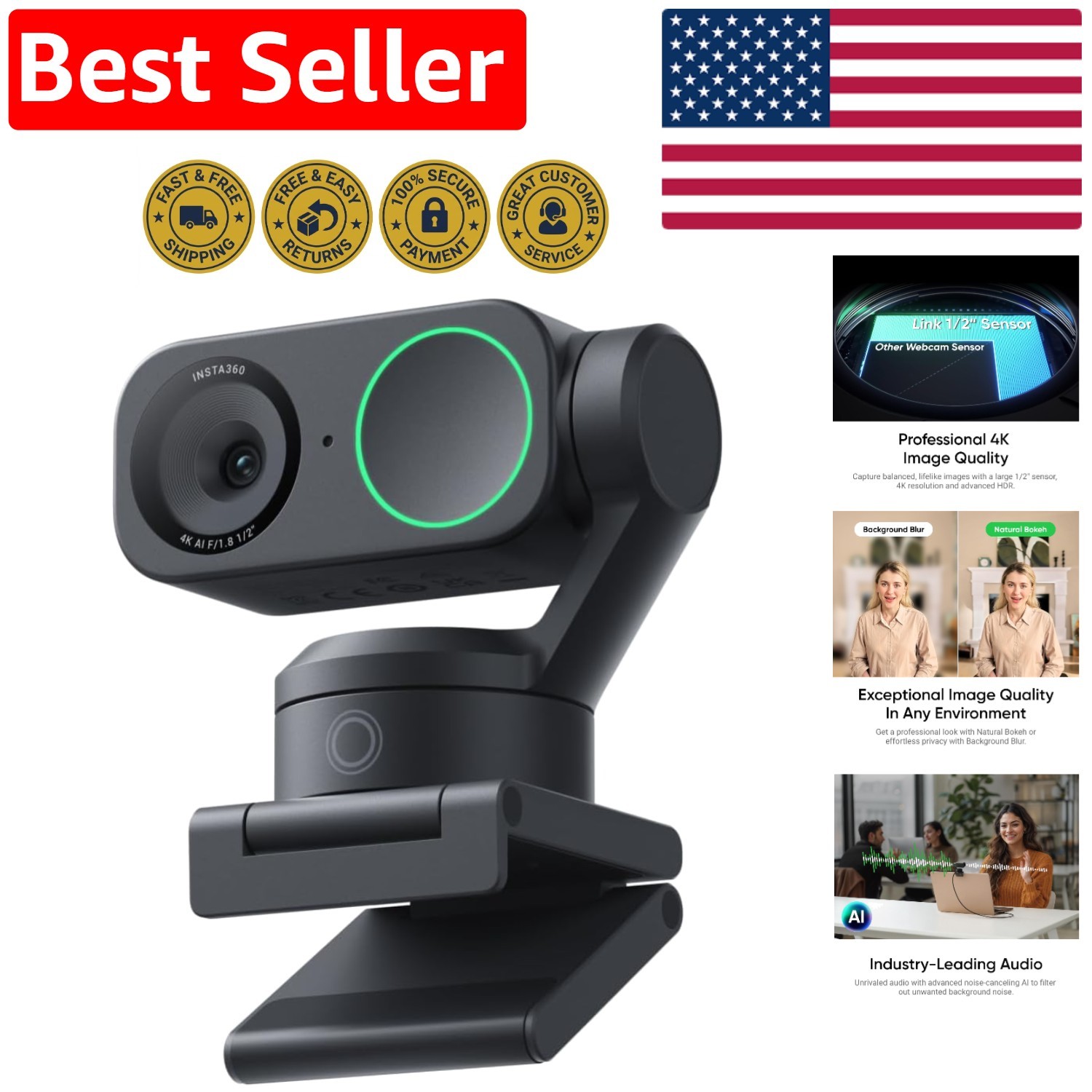 Insta360 Link 2 4K Webcam with AI Tracking and Crystal Clear Audio for Streaming