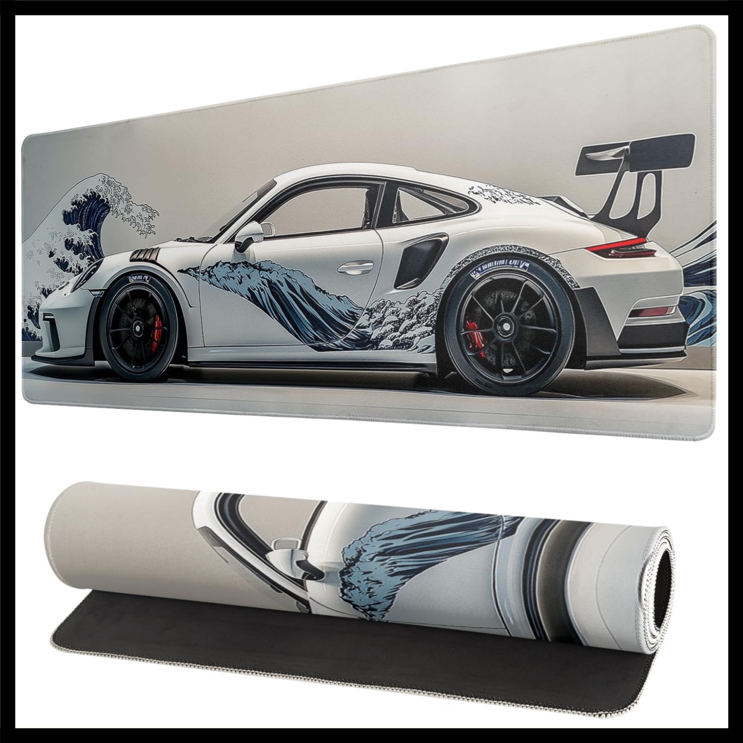 White Ukiyo-e Style Sports Car Gaming Mouse Pad Large Desk Mat 31.5x11.8 Inch...