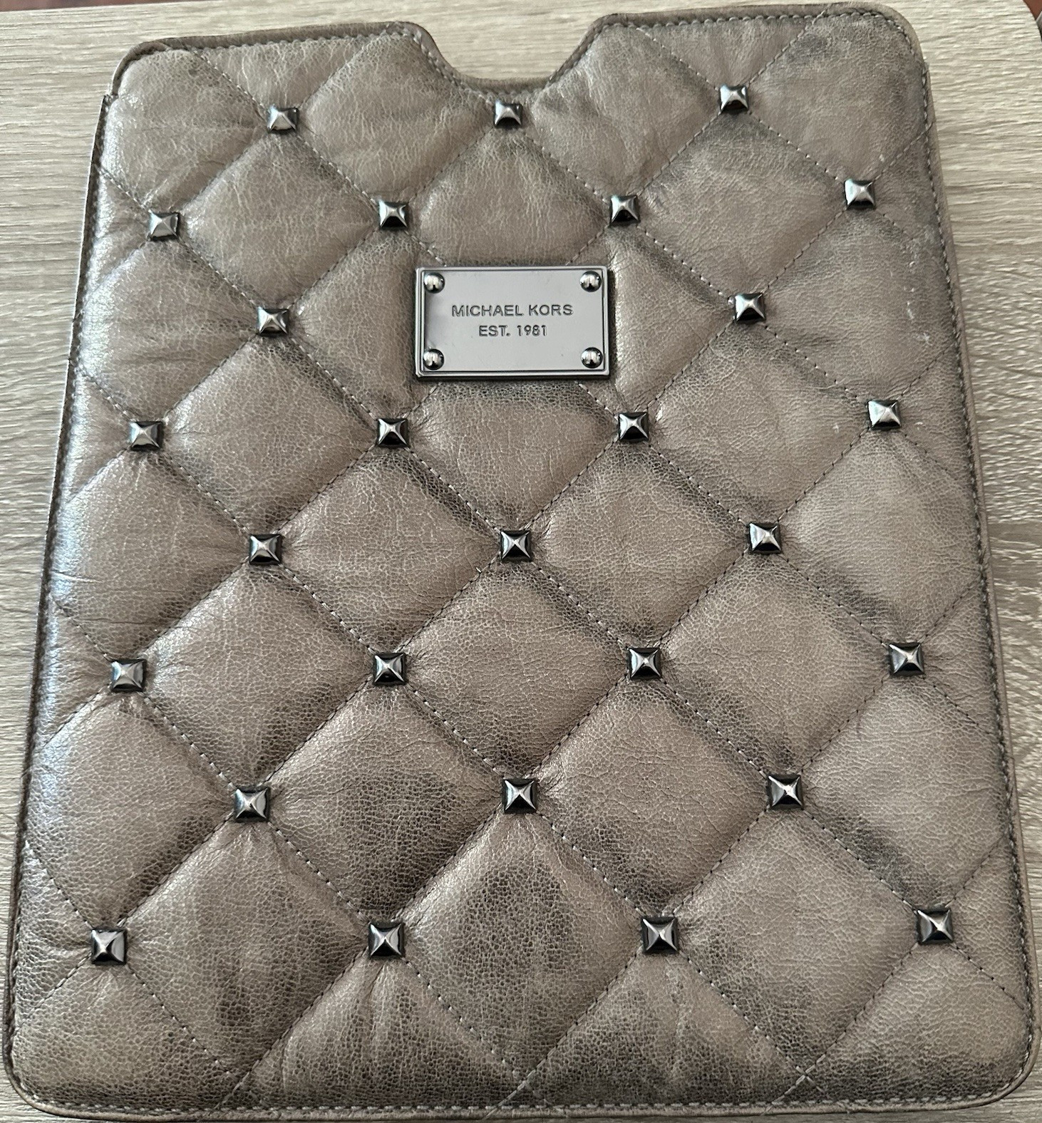 Michael Kors Taupe Leather Padded Studded Metallic  Tablet or iPad Sleeve/Pouch