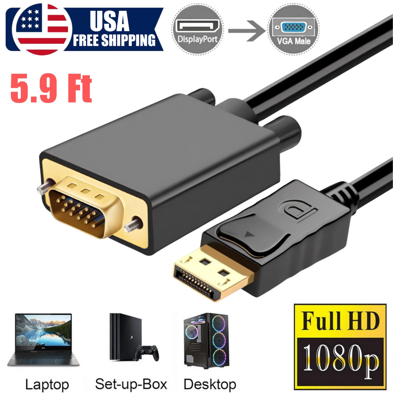Display Port to VGA Cable Adapter Converter Video HDTV PC Monitor Desktop Laptop