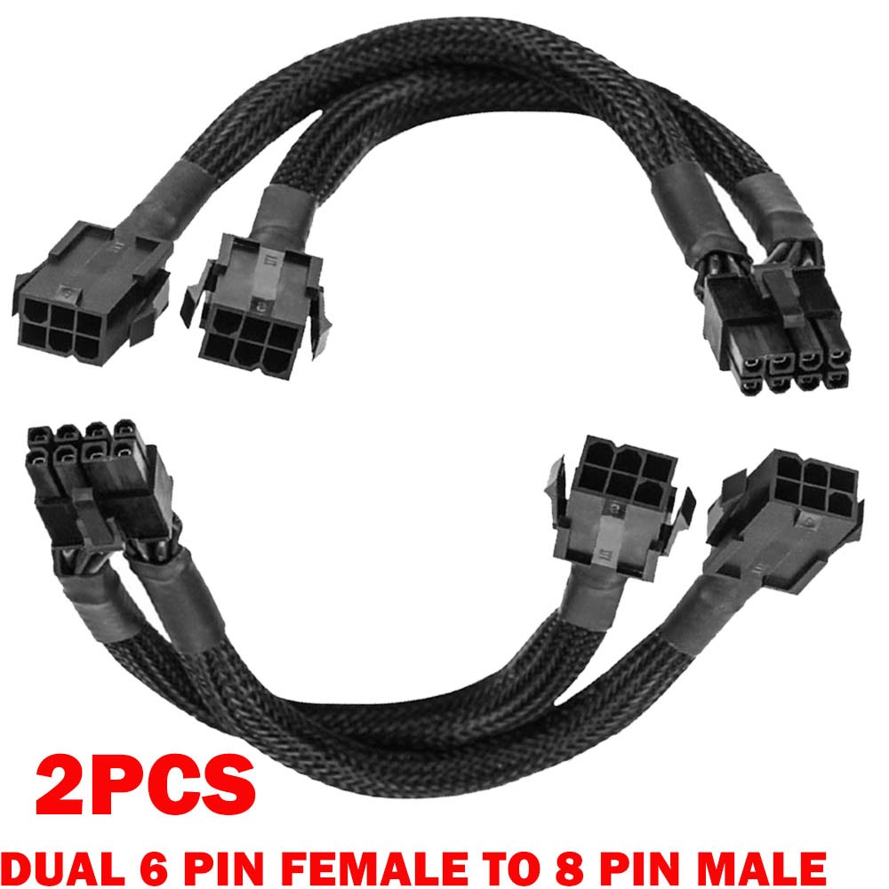 2X Dual 6 Pin Female to 8 Pin Male GPU Adapter Cable Braided Sleeved 20cm HOT
