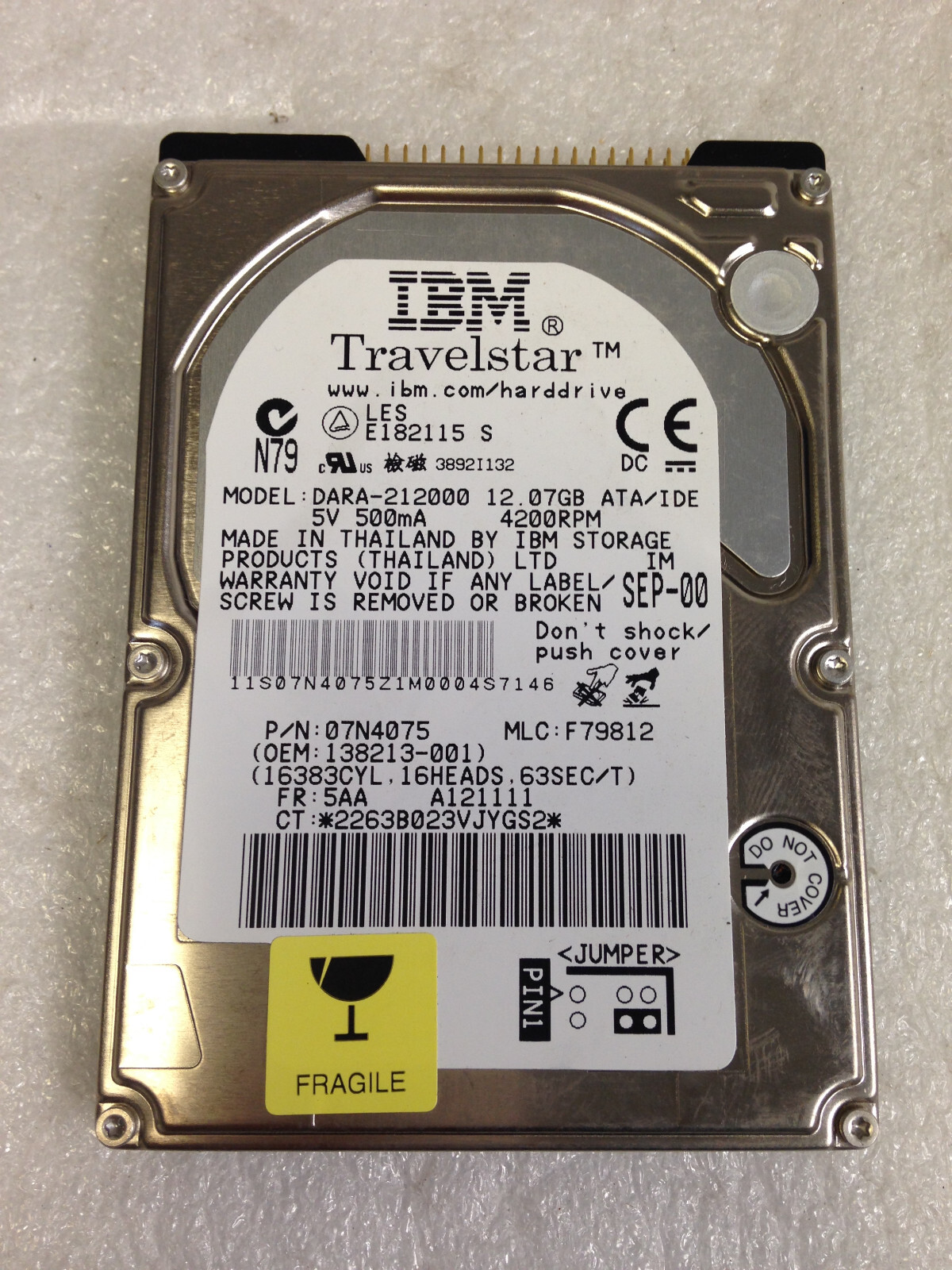 IBM Travelstar DARA-212000 IDE 12.07GB 07N4075, F79812 , 2.5 Hard Disk Drive