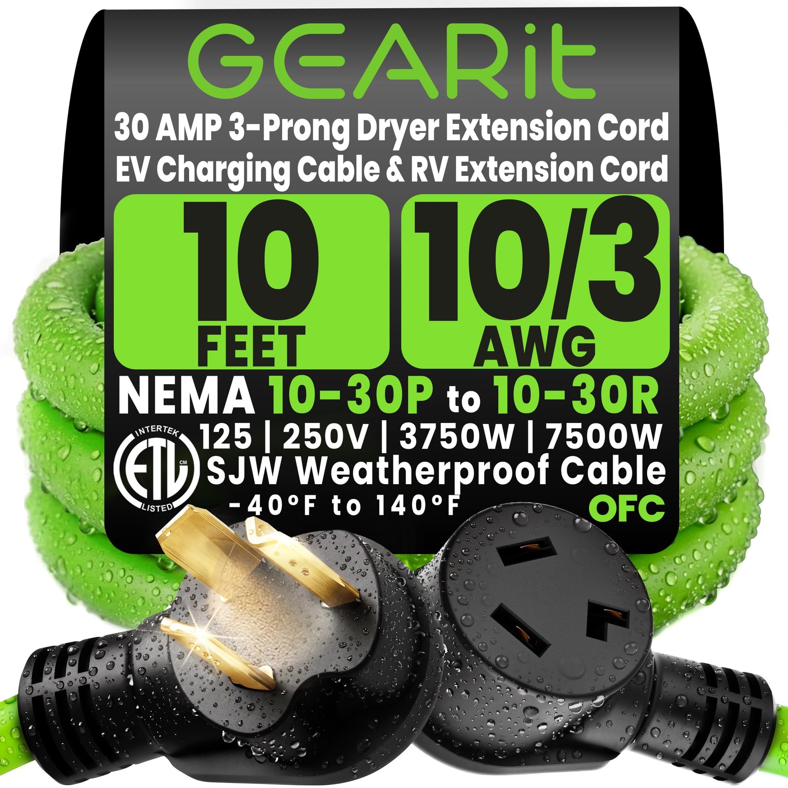 3 Prong Dryer Cord 10 Ft Extension NEMA 10-30P 10-30R 30 Amp 220V 240V 10/3