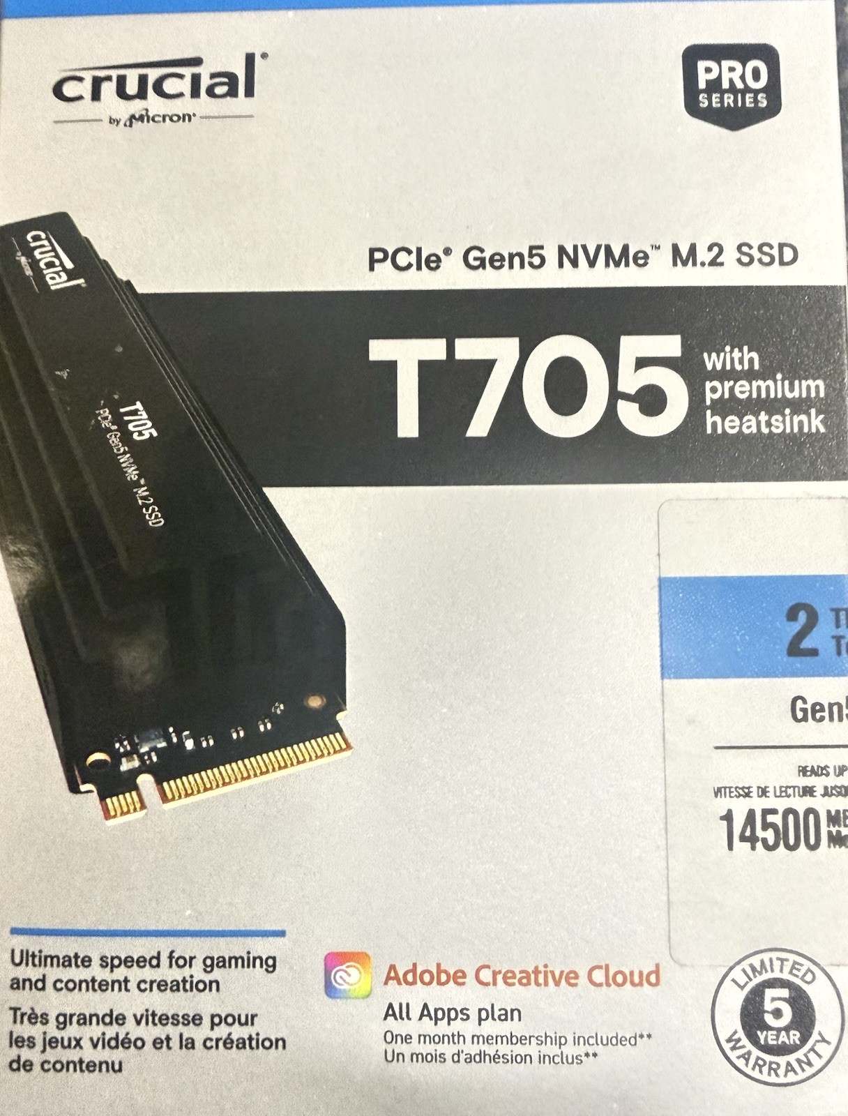 Crucial T705 2TB PCIe Gen5 NVMe M.2 SSD with Heatsink CT2000T705SSD5