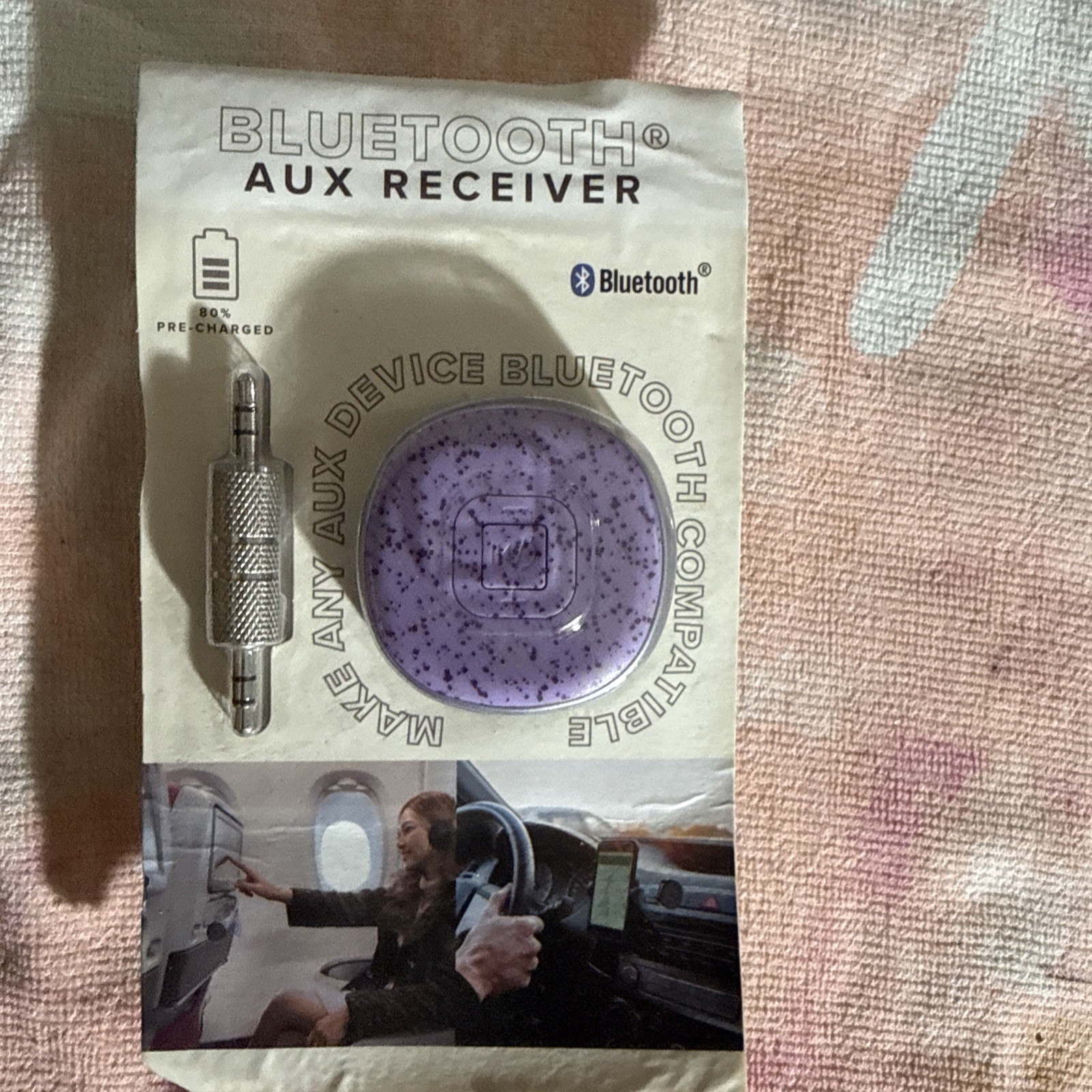 Bluetooth Aux Receiver (Make Any Aux Device Bluetooth Compatible) Purple NEW
