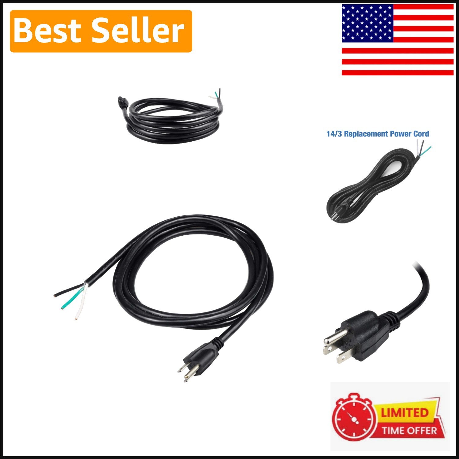 10ft 14 Gauge Heavy-Duty Power Supply Cord with NEMA 5-15 Plug and Open End