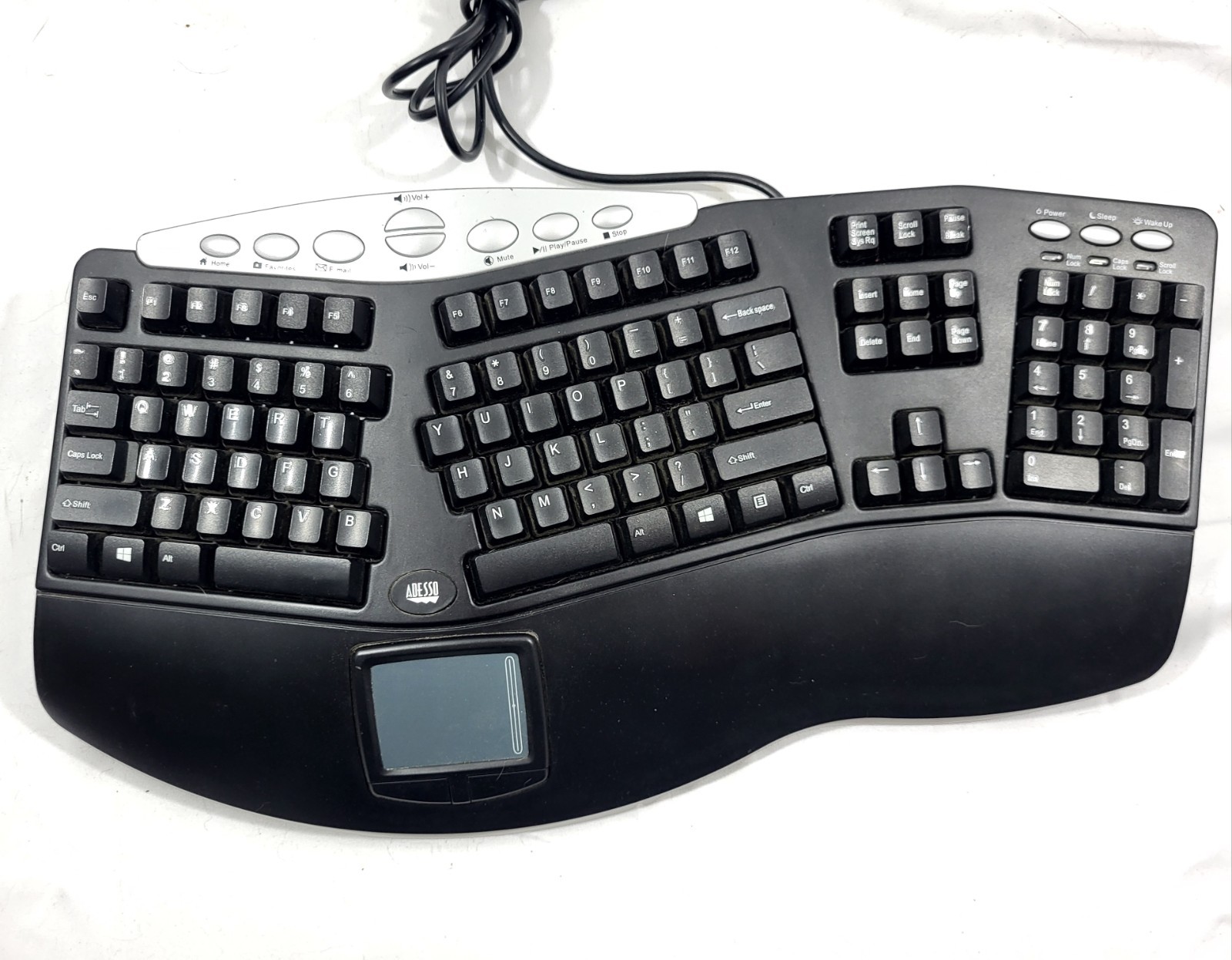 ADESSO PCK-308UB BLACK Wired Ergonomic Multimedia Touchpad Keyboard TESTED WORKS