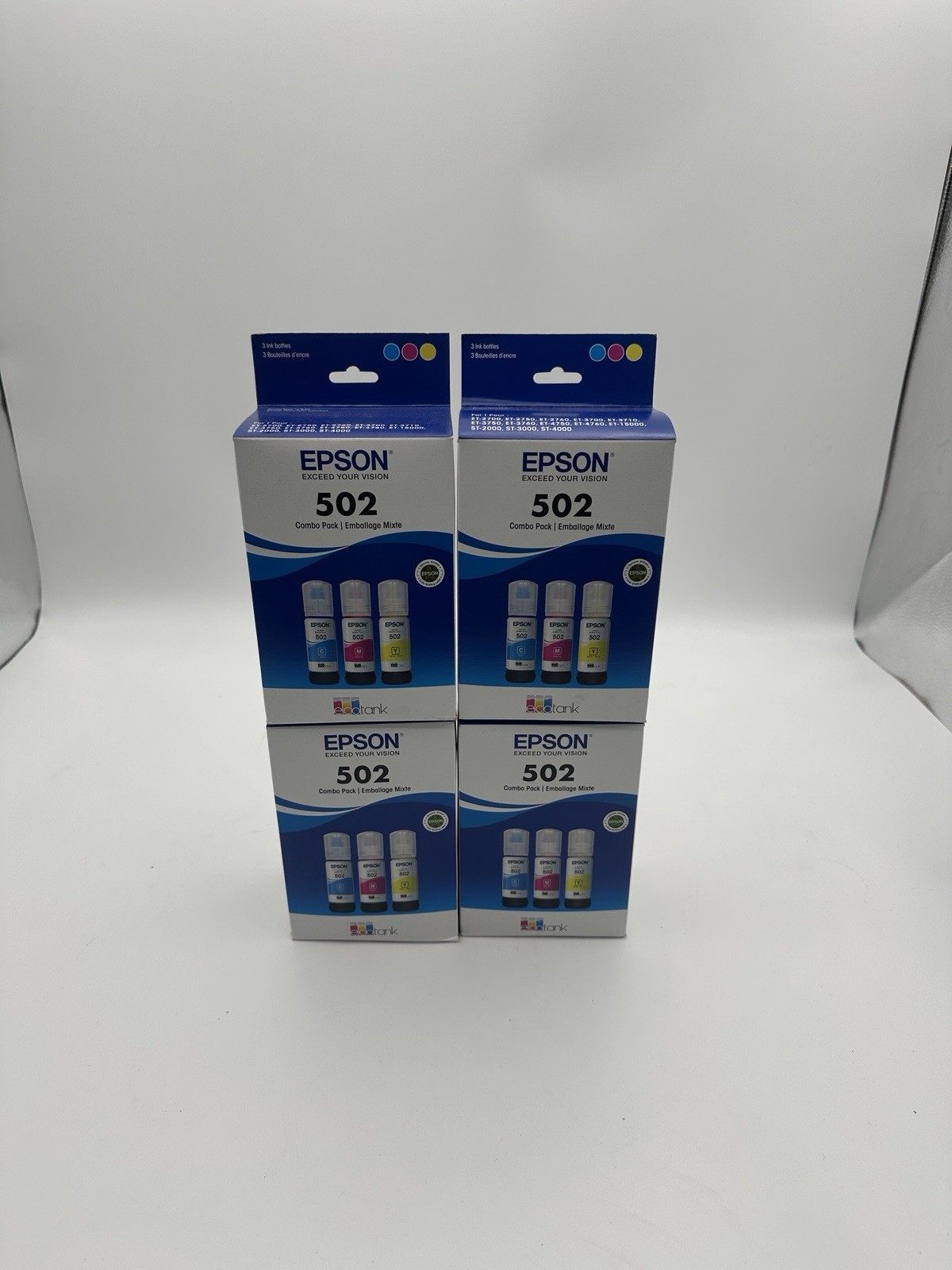 Lot of 4 Genuine Epson 502 CMY Color Ink Combo Packs T502520-S EcoTank Sealed
