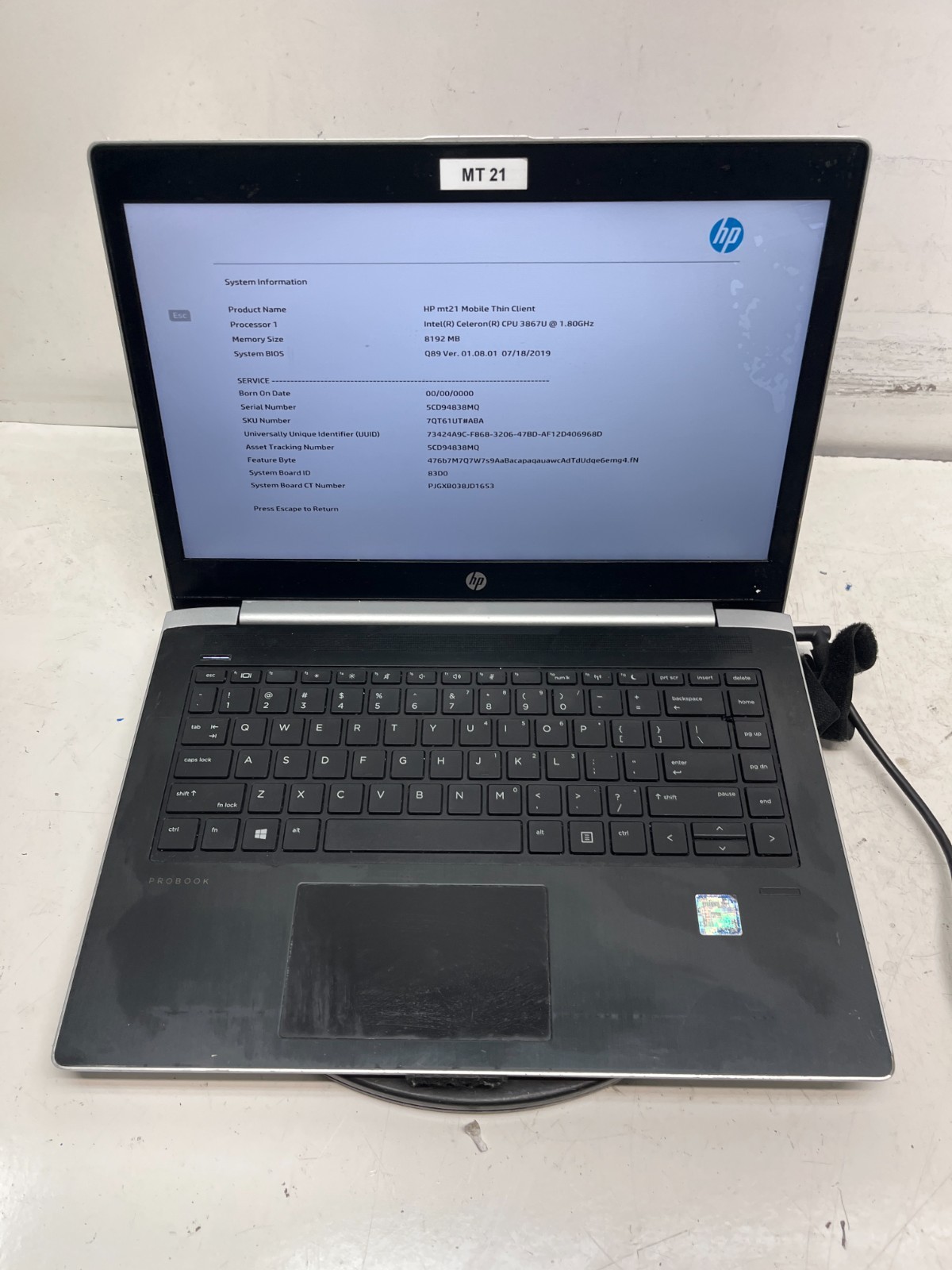 HP ProBook mt21 Moblie Thin Client Intel Celeron 3867U 1.80GHz 8GB NO HDD READ