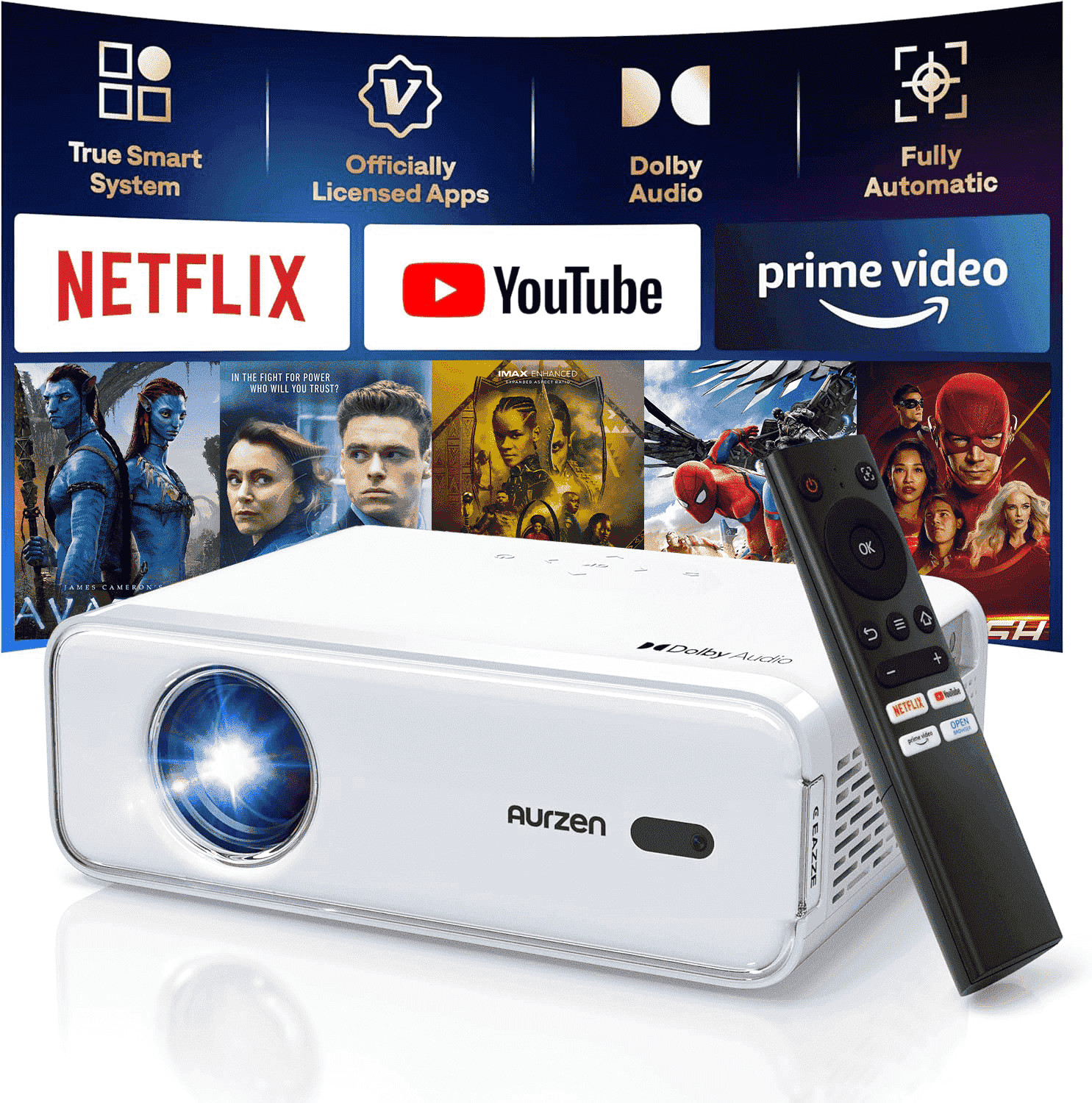 Aurzen Smart Projector, Native 1080P with 4K Support, Auto Focus, Keystone