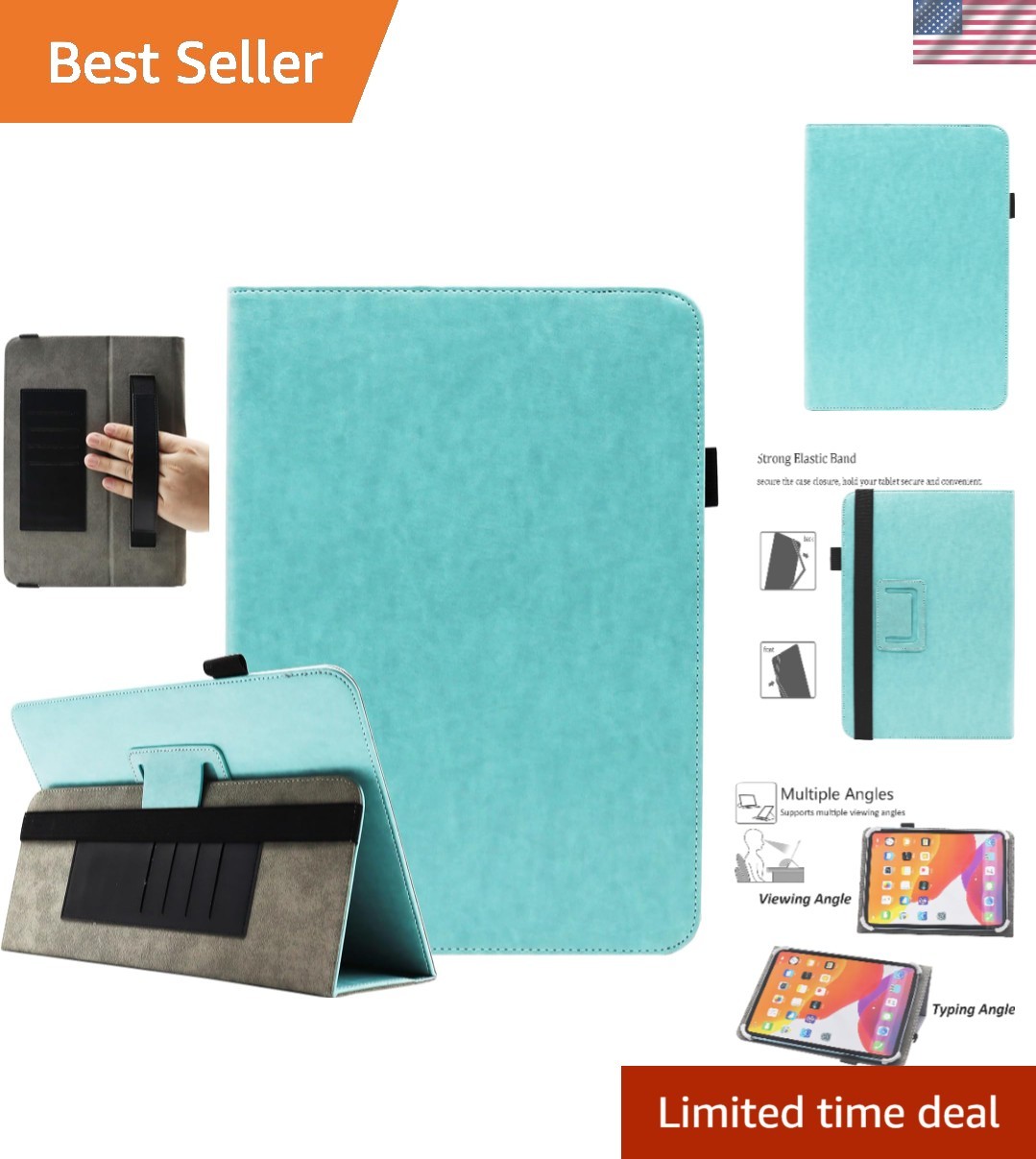 Stylish Mint Universal 10-11 Inch Tablet Case with Hand Strap & Card Slots