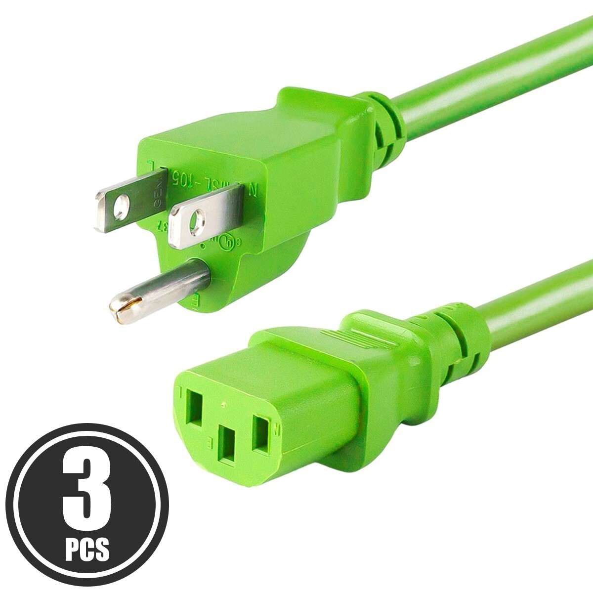 3x 2FT PC Computer Monitor Power Cord Cable NEMA 5-15P To IEC C13 18AWG Green