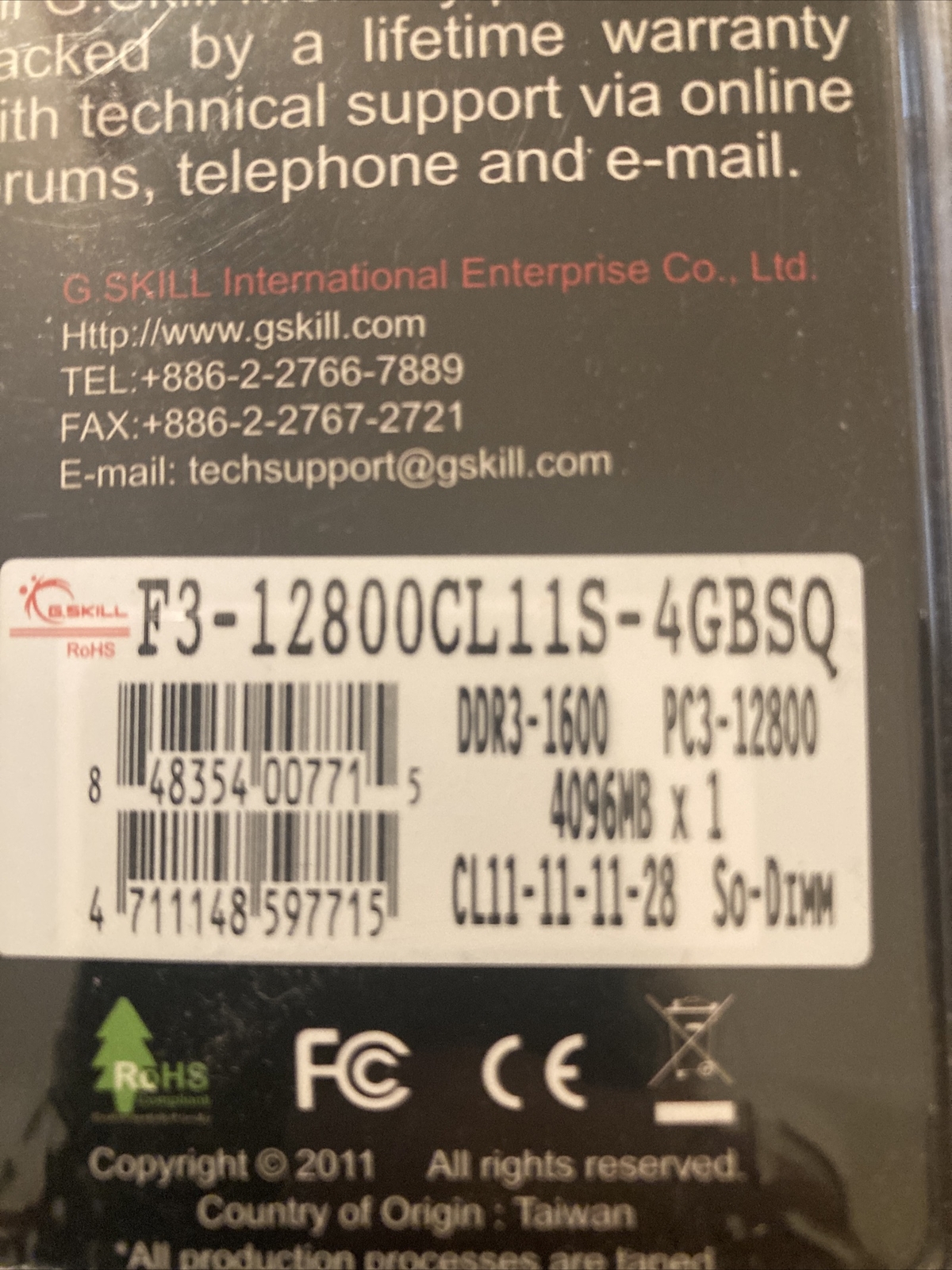 G.Skill F3-12800CL11S-4GBSQ  SQ Series - DDR3 - module 4 GB - SO-DIMM 204-pin -