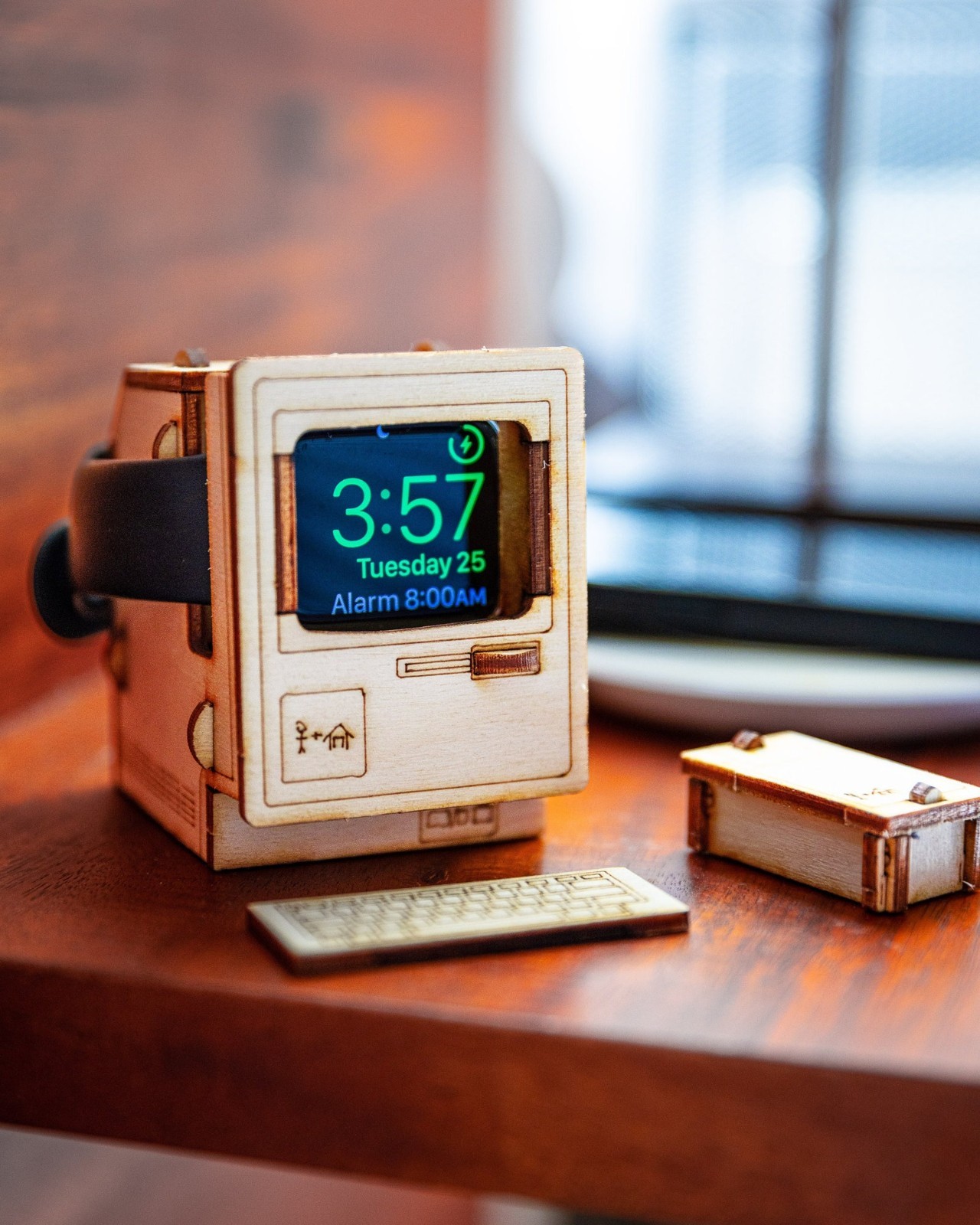 Retro Computer Apple Watch Charging stand. Vintage miniature model with Keyboard