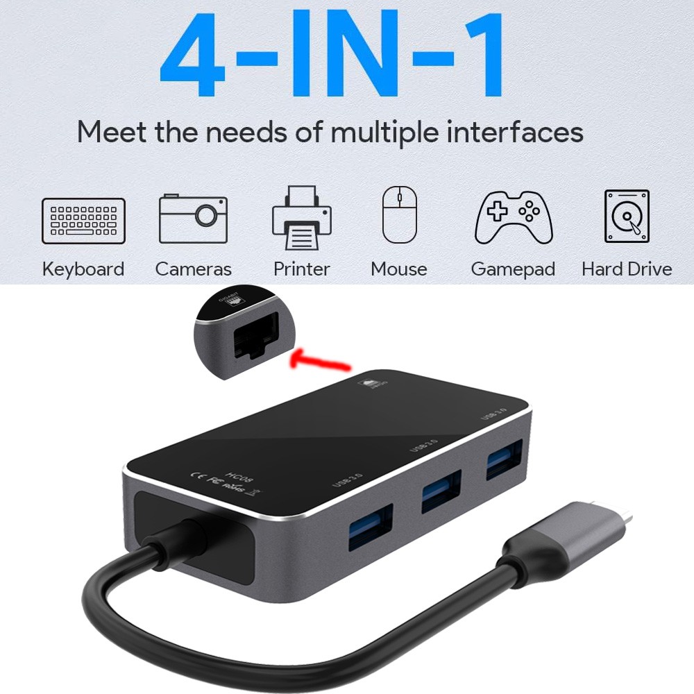 4-in-1 USB 3.0 Hub with Gigabit RJ45 Ethernet Adapter for Laptop,PC, MacBook Pro