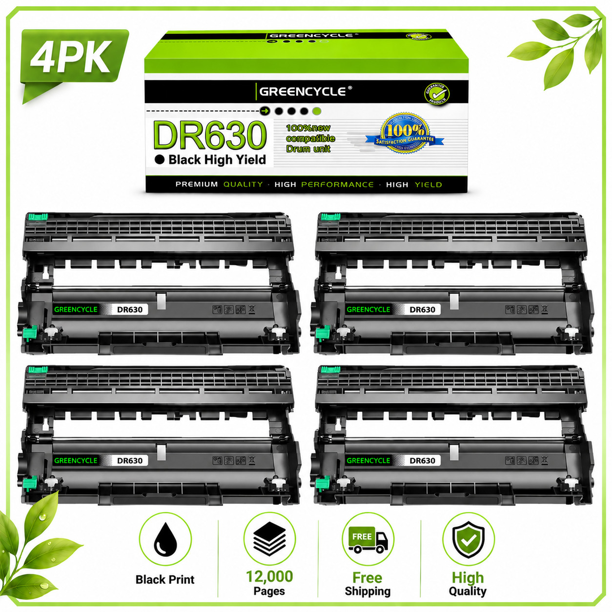 4 Pack DR630 Drum Unit Compatible with Brother DCP-L2520DW DCP-L2540DW HL-L2300D