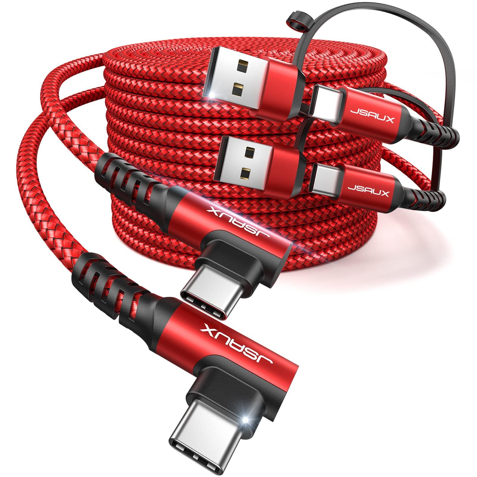 JSAUX 100W USB C Cable [2-Pack 6.6FT], Right Angle Fast Charging 6.6FT, Red 