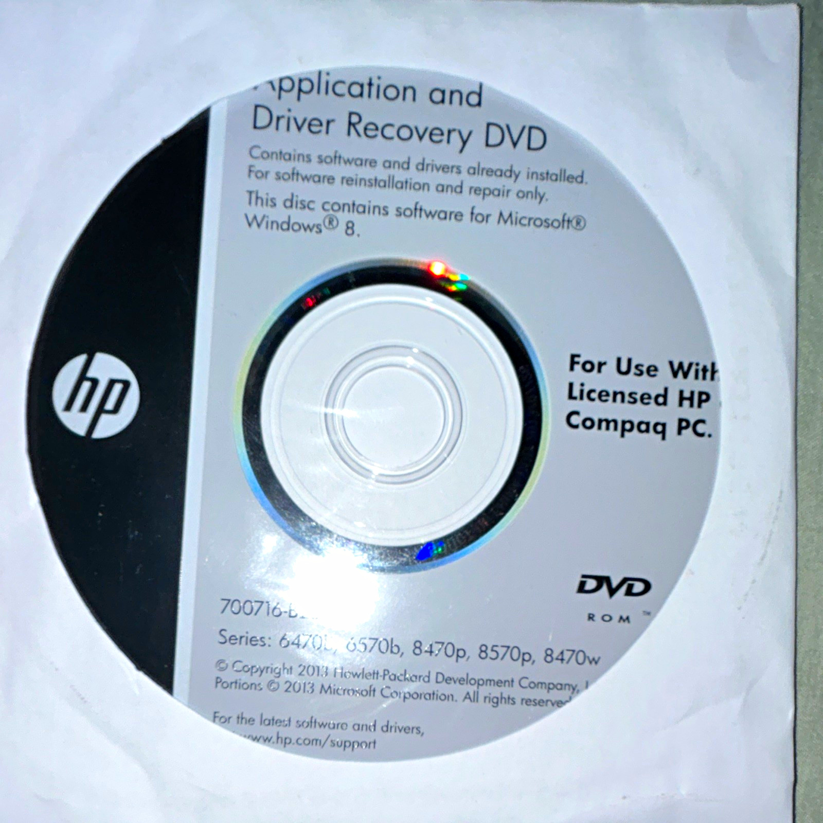 HP Application and Driver Recovery DVD for Windows 8, English DVD, MPN 700716-B