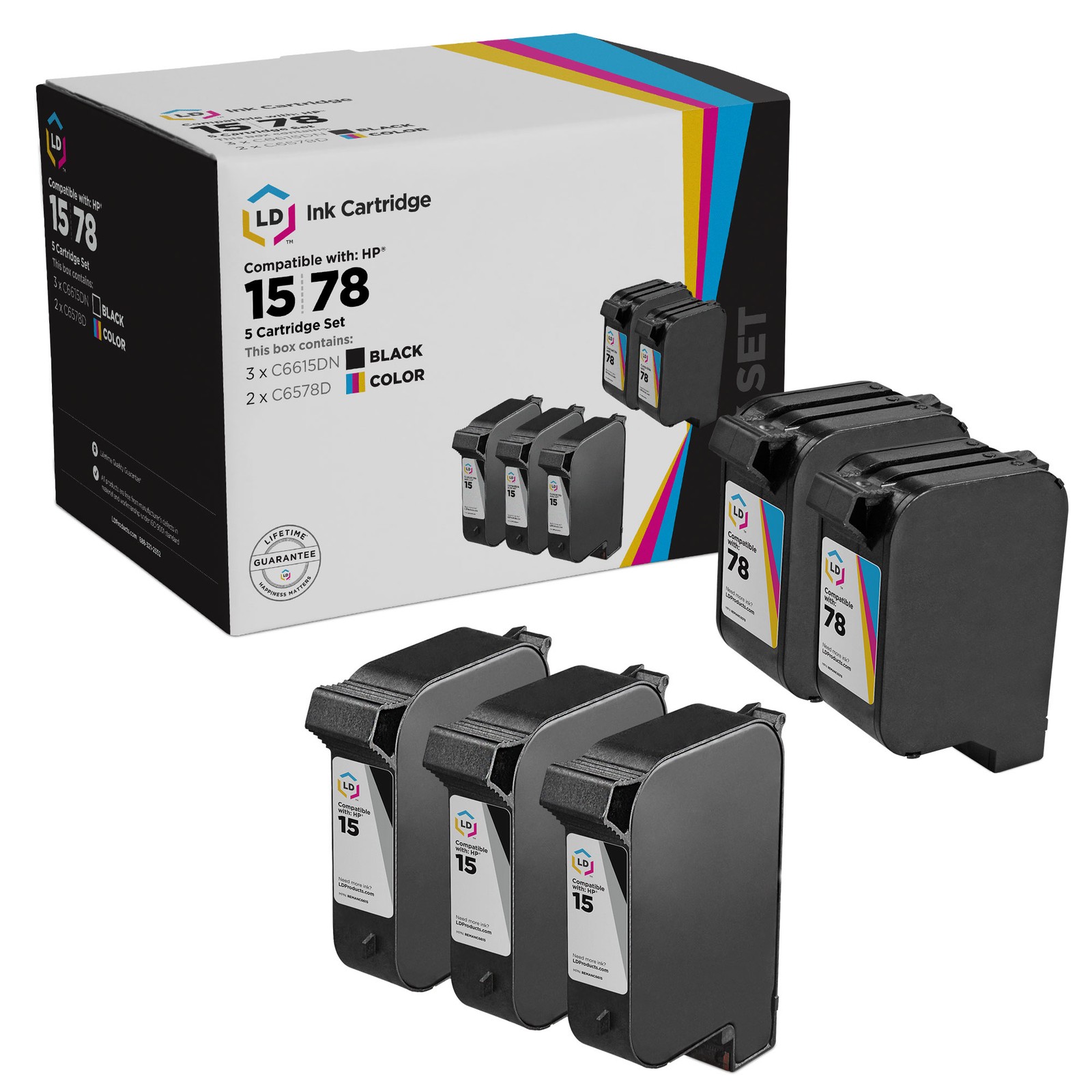 LD Replacement Replacements Fits for HP 15 & 78 Ink Cartridges (3 Black 2 Color)