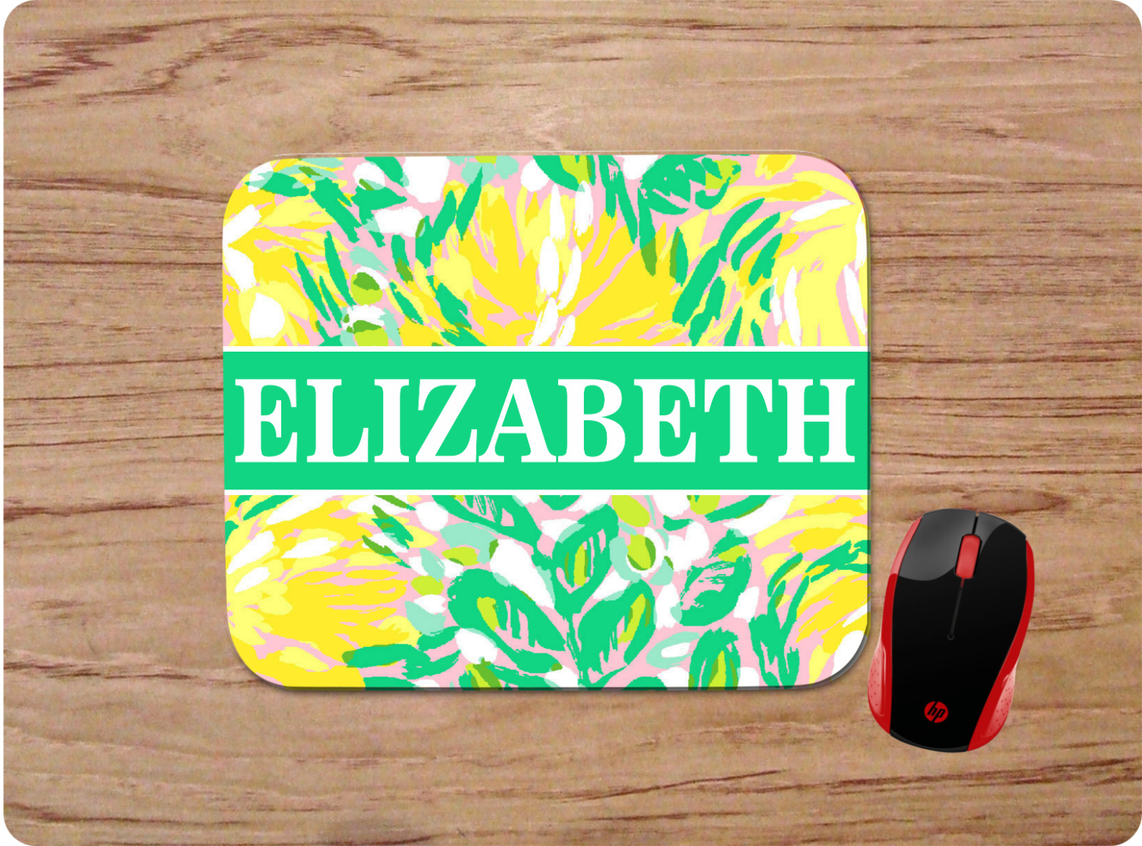 LILLY INSPIRED YELLOW TROPICAL PRINT PERSONALIZED NAME MOUSE PAD HOME OFFICE