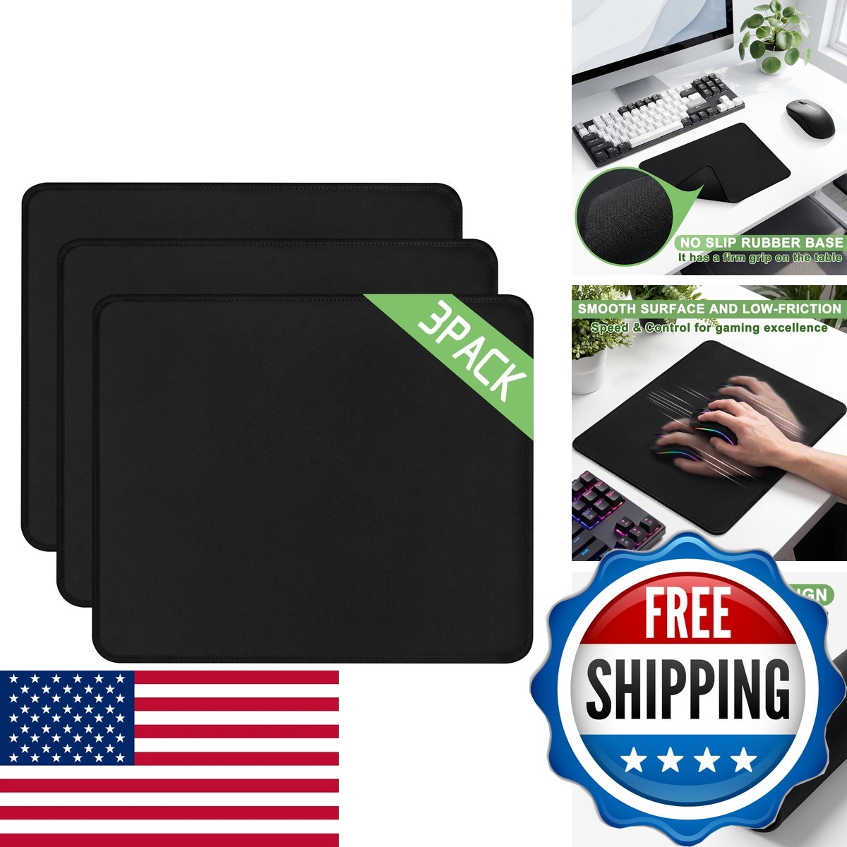 Jofuler 3 Pack Mouse Pad Stitched Edges Non-Slip Rubber Base Black