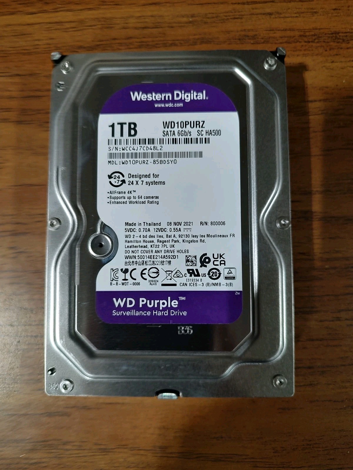 Western Digital Purple Surveillance HDD, 1TB,5400 RPM,3.5 inch (WD10PURZ)