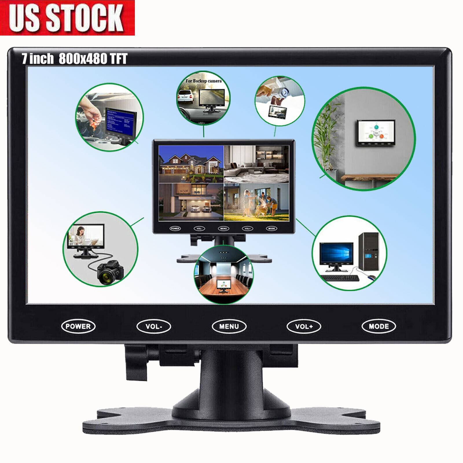 US - 7\'\' LCD Portable Monitor AV/VGA/HDMI CCTV Display Screen Speaker for PC