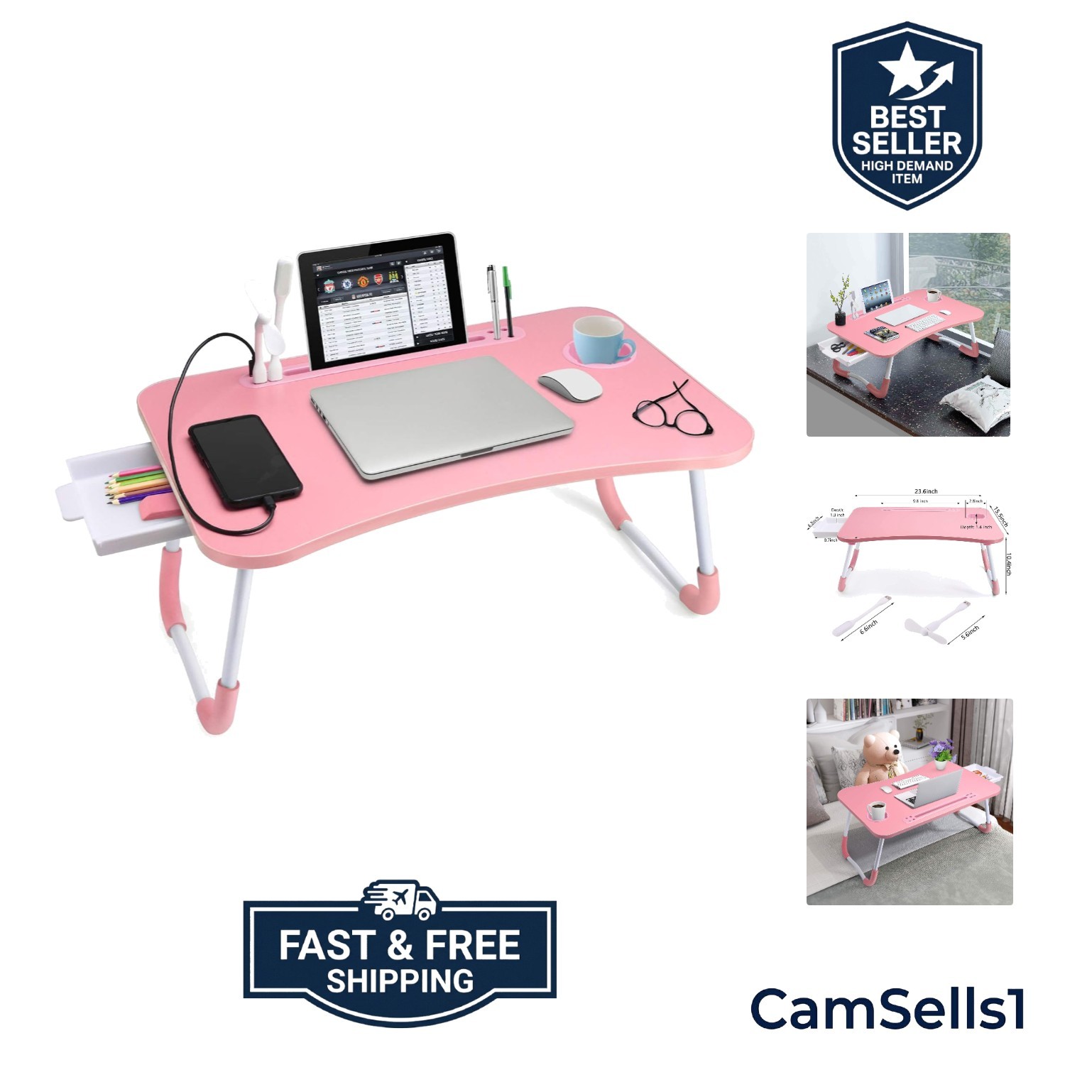Stylish Pink Lap Desk with Integrated Light, Drawer & Cup Holder for Convenience