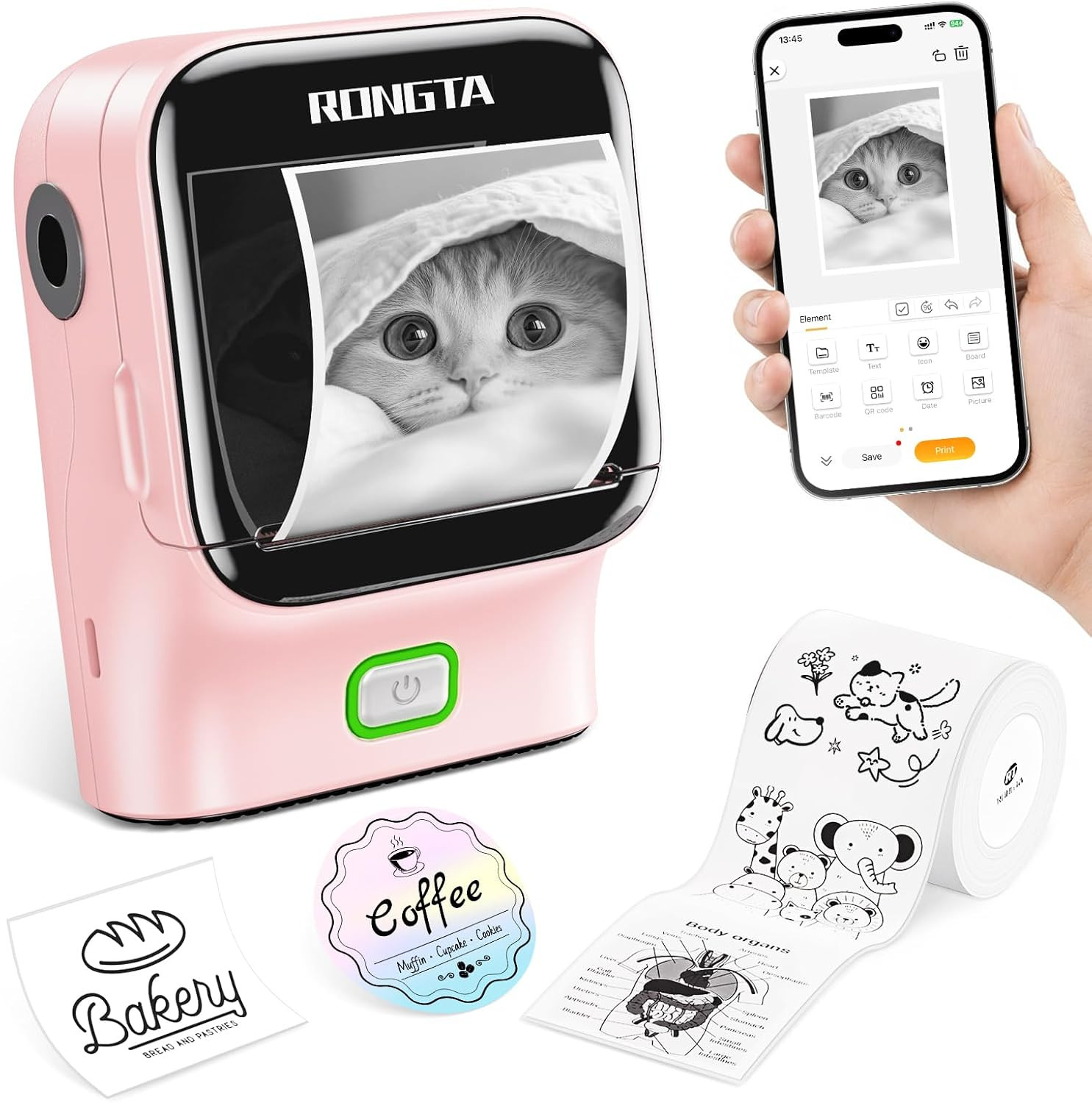 Mini Sticker Printer, Bluetooth Thermal Label Printer, Portable Inkless