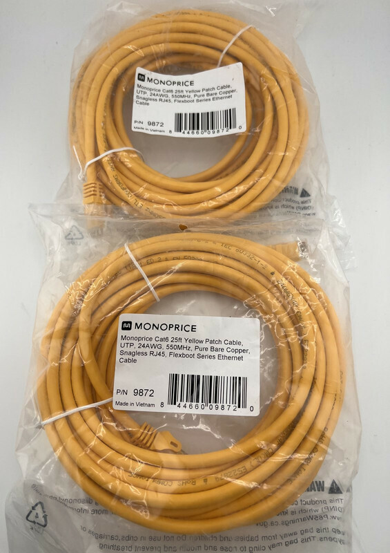 QTY 2 MONOPRICE CAT6 25FT YELLOW PATCH CABLE UPT 24AWG 550MHZ FLEXBOOT 9872